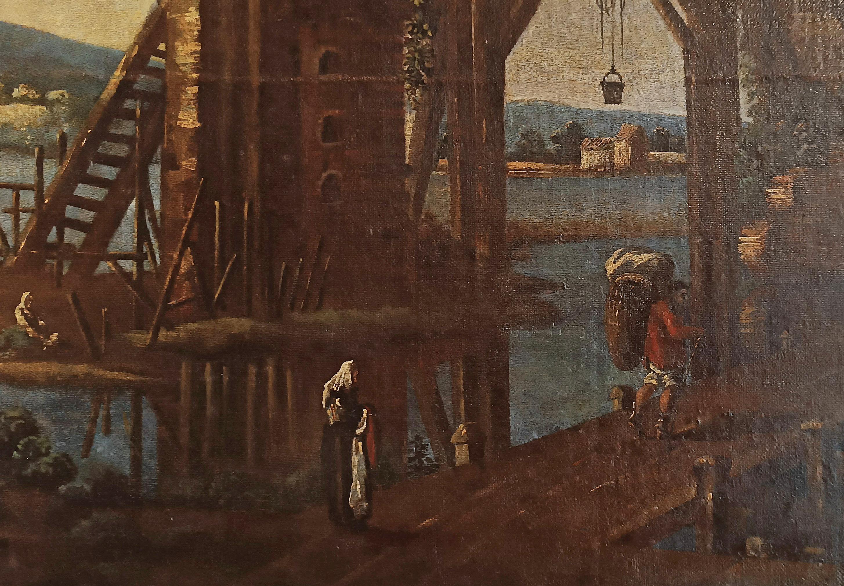 Intagliato a mano EARLY 17th CENTURY LARGE PAINTING WITH LANDSCAPE AND FIGURES in vendita