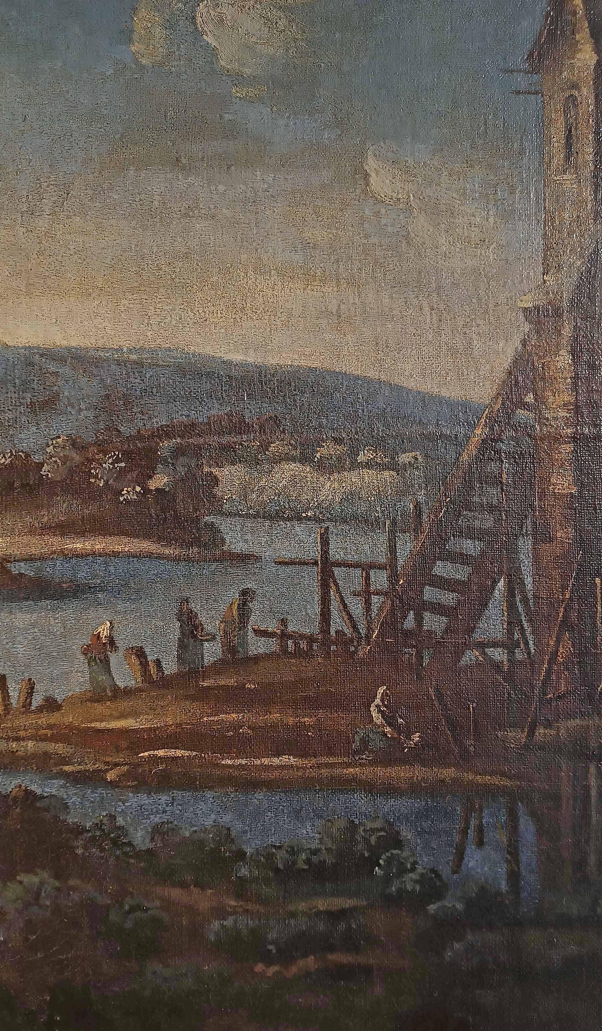 Tela EARLY 17th CENTURY LARGE PAINTING WITH LANDSCAPE AND FIGURES in vendita