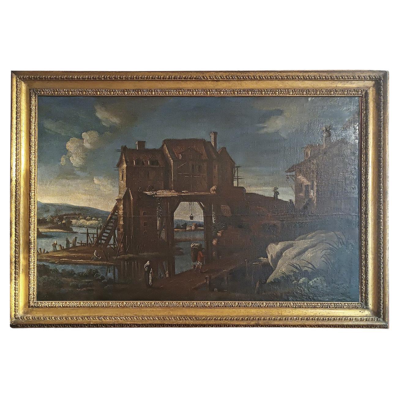 EARLY 17th CENTURY LARGE PAINTING WITH LANDSCAPE AND FIGURES in vendita