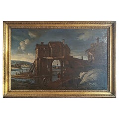 EARLY 17th CENTURY LARGE PAINTING WITH LANDSCAPE AND FIGURES
