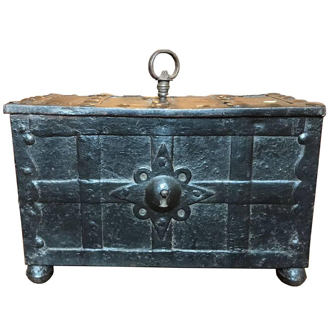 Early 17th Century Medieval Handcrafted Black Iron German Coffer For Sale