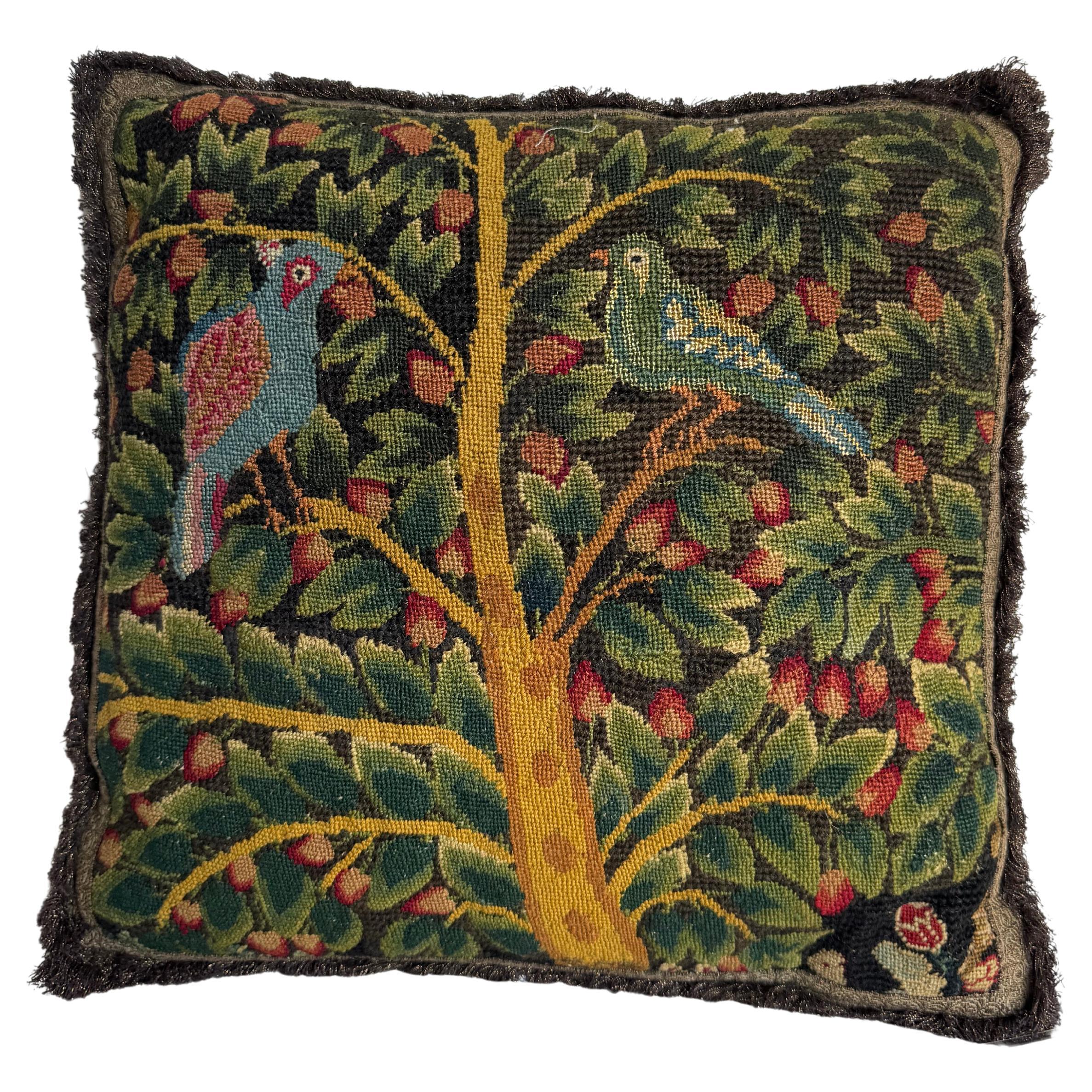 Early 17th Century Needlepoint Tapestry Pillow with Figural Botanical Motif Circ