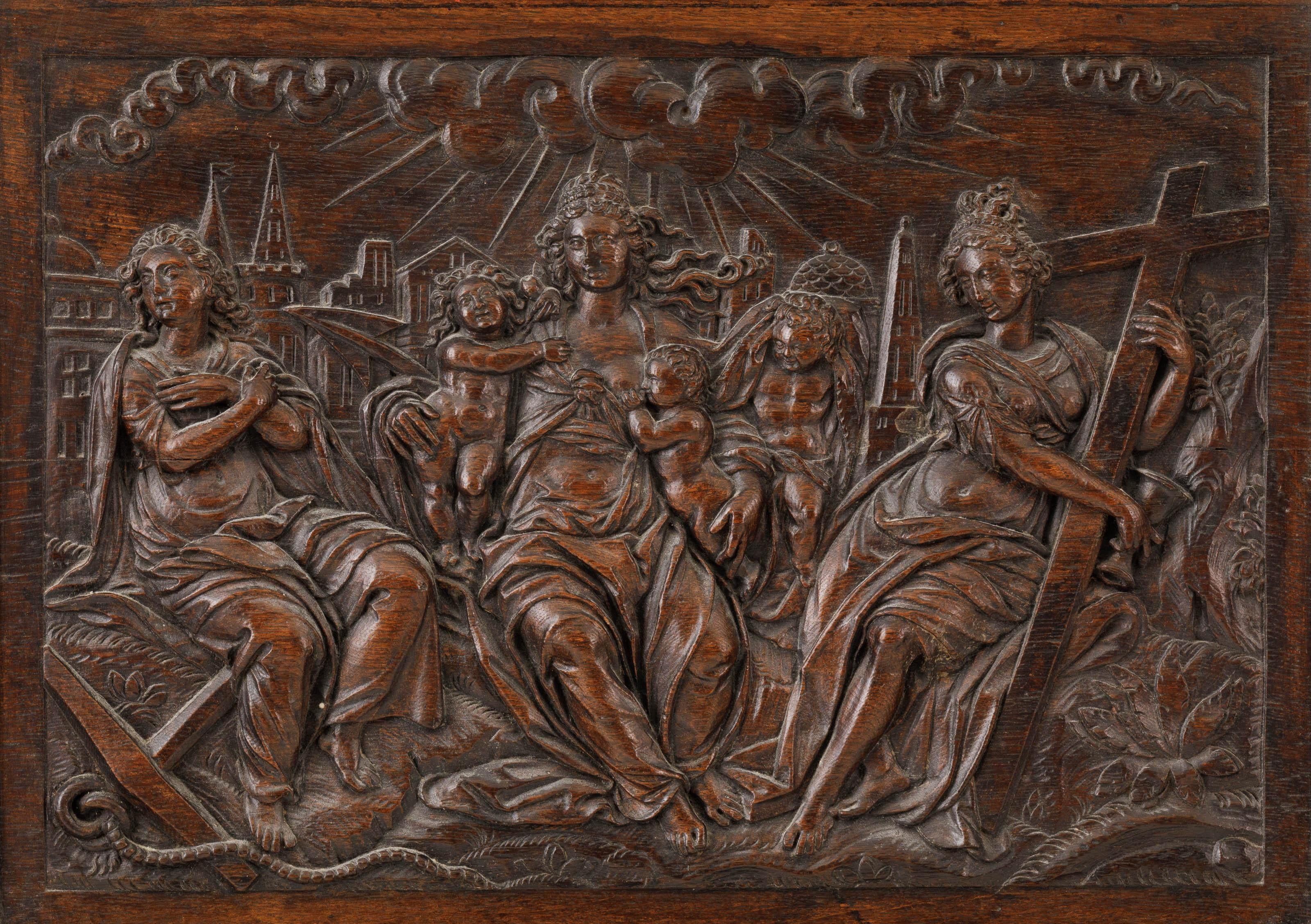 An impressive early 17th century wood relief carving of the Three Divine Virtues

After Jan Pietersz Saenredam and Hendrik Goltzius
First quarter of the 17th century; Northern Netherlands
Approximate size: 35.5 x 50 cm (without frame); 53 x 67