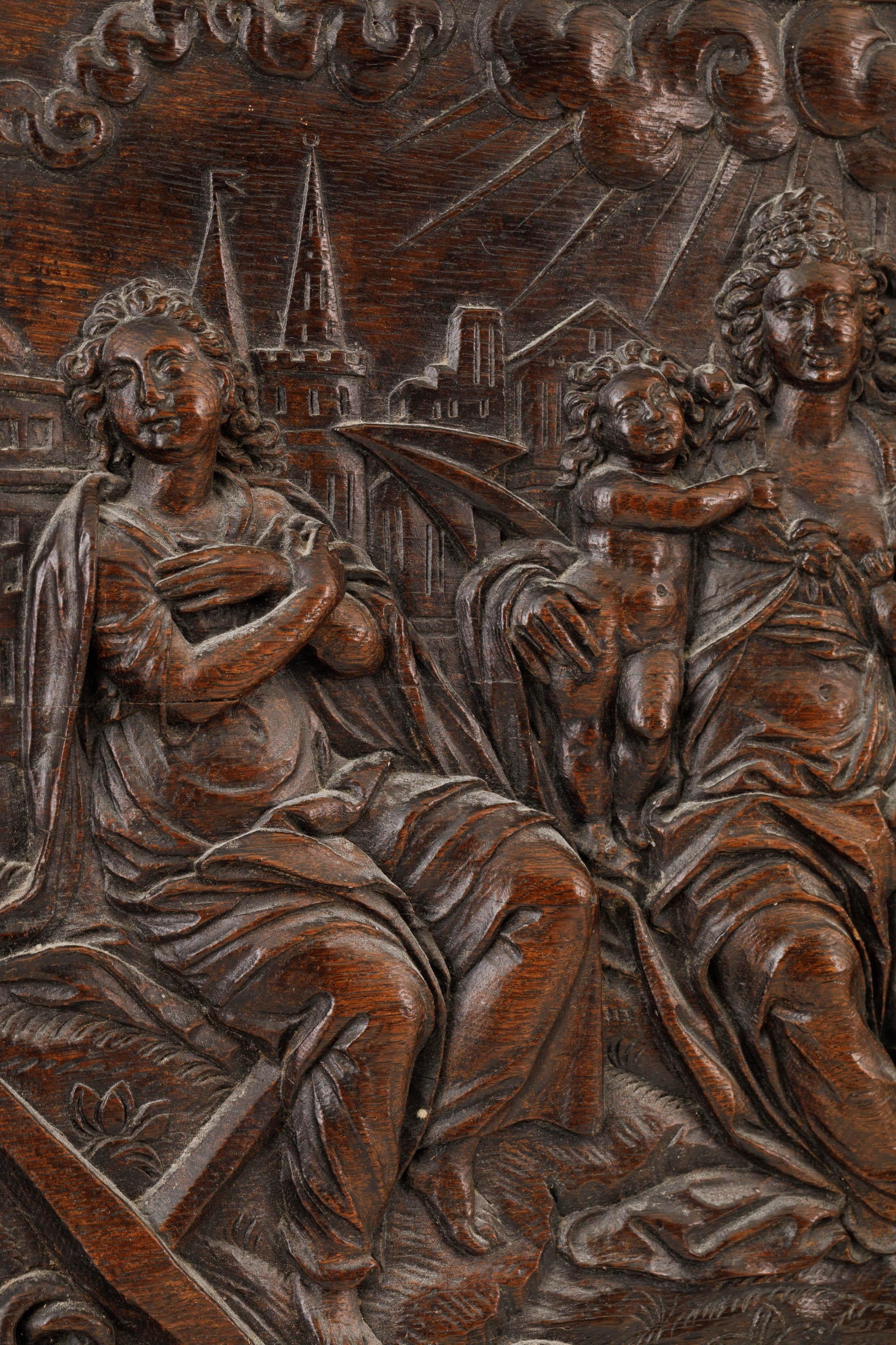Dutch Early 17th Century Netherlandish Oak Relief of the Three Divine Virtues For Sale