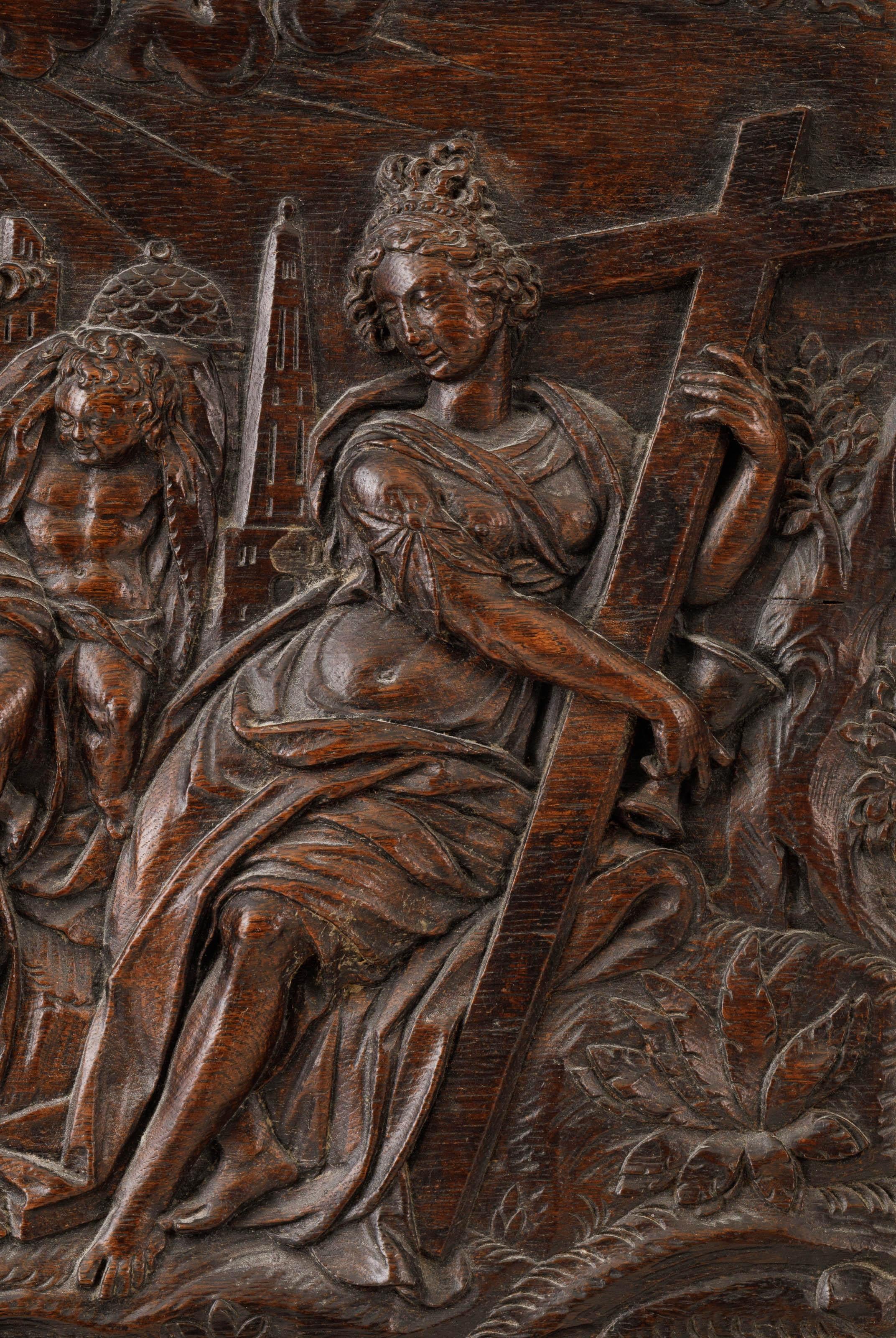 Carved Early 17th Century Netherlandish Oak Relief of the Three Divine Virtues For Sale
