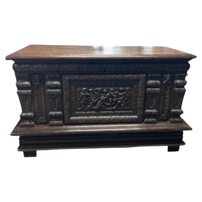 Early 17th Century Renaissance Oak Coffer Depicting The Birth of Jesus For Sale