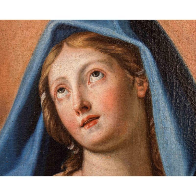 Italian Early 17th Century Roman School Praying Madonna Painting Oil on Canvas For Sale