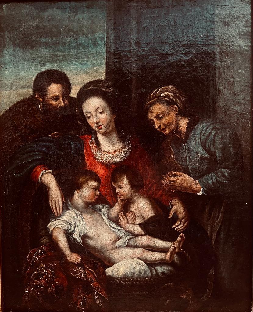 Il s'agit d'une incroyable peinture à l'huile sur toile du début du XVIIe siècle représentant la Sainte Famille - la Vierge Marie, Saint Joseph, Sainte Elisabeth, Jean Baptiste et l'Enfant Jésus. Sir Peters Paul Rubens (1577-1640) est l'un des plus