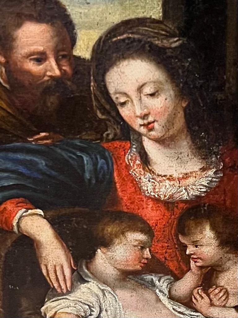 Hand-Painted Early 17th Century School of Peter Paul Rubens “The Holy Family” Oil on Canvas For Sale