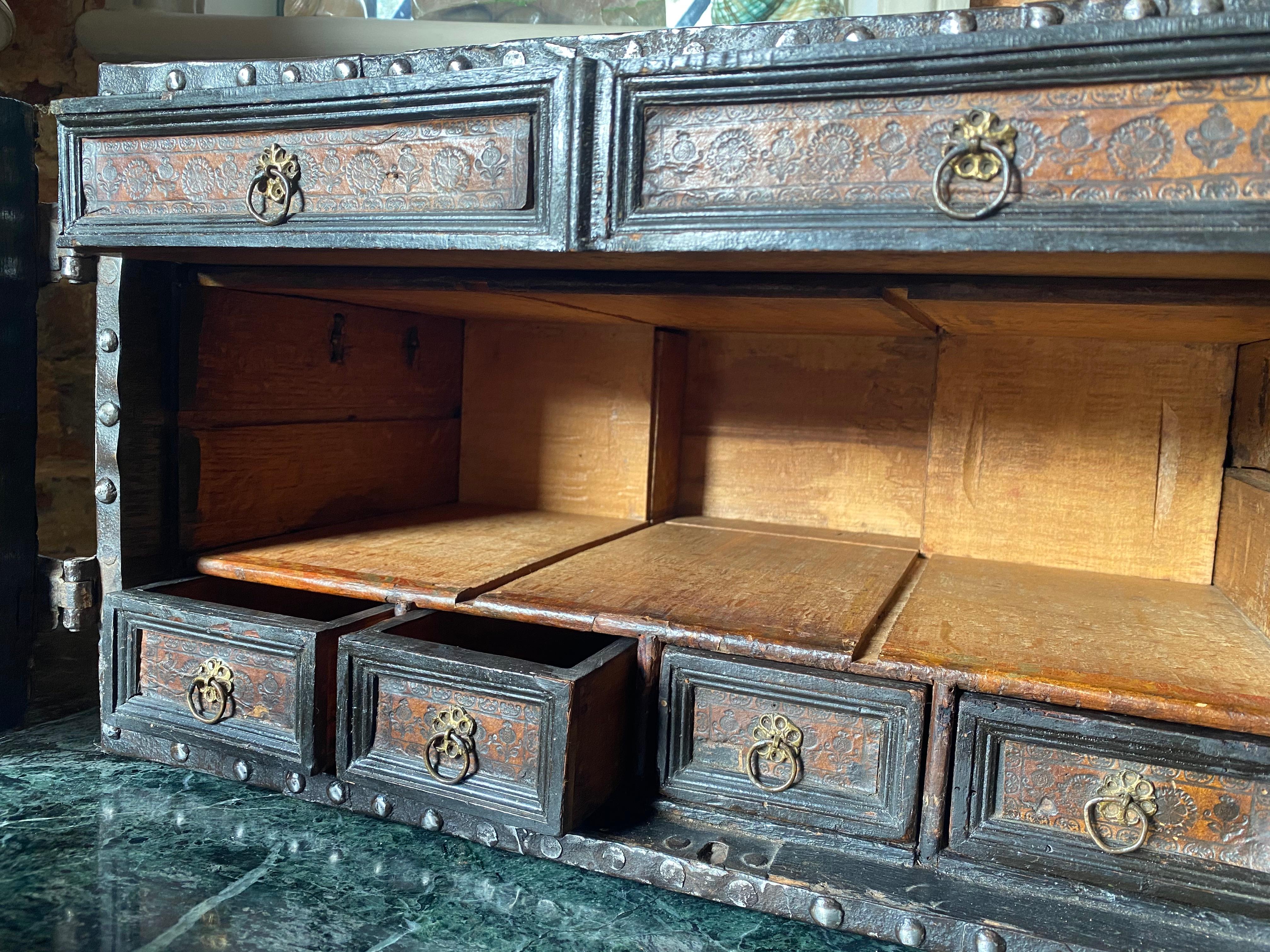 18th Century and Earlier Early 17th Century Steel Mounted Strong Box Table Cabinet