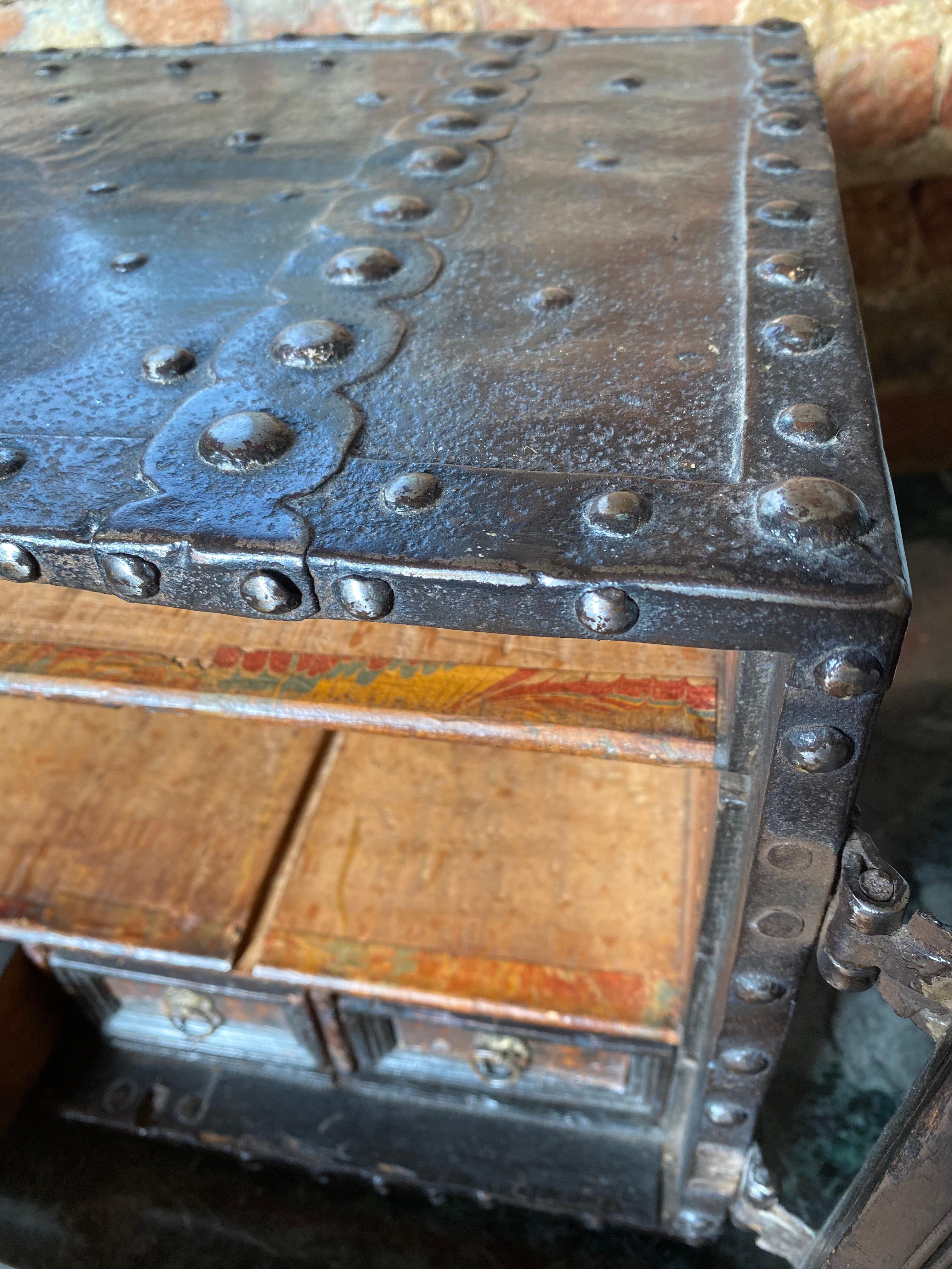 Leather Early 17th Century Steel Mounted Strong Box Table Cabinet
