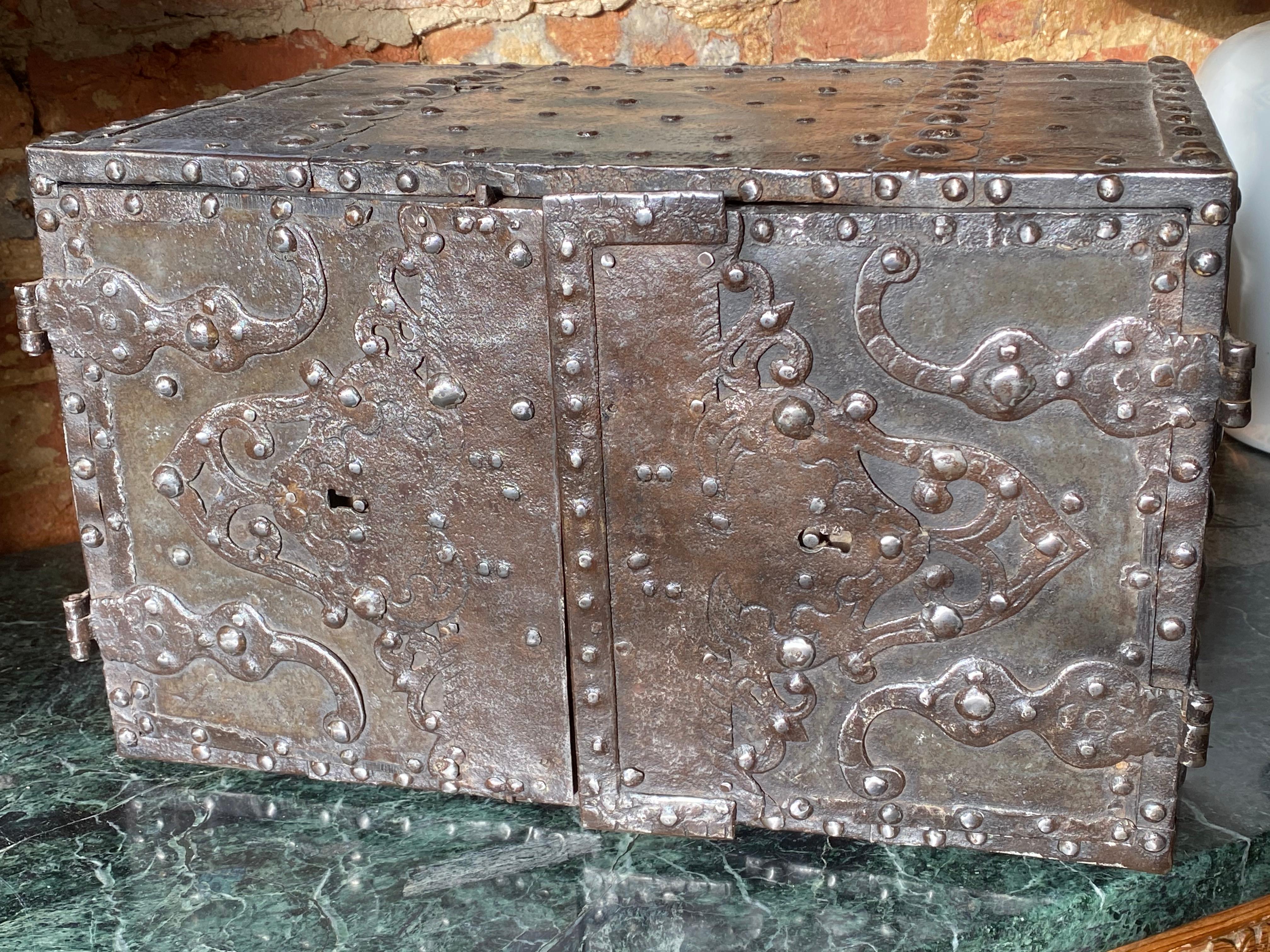 Early 17th Century Steel Mounted Strong Box Table Cabinet 1