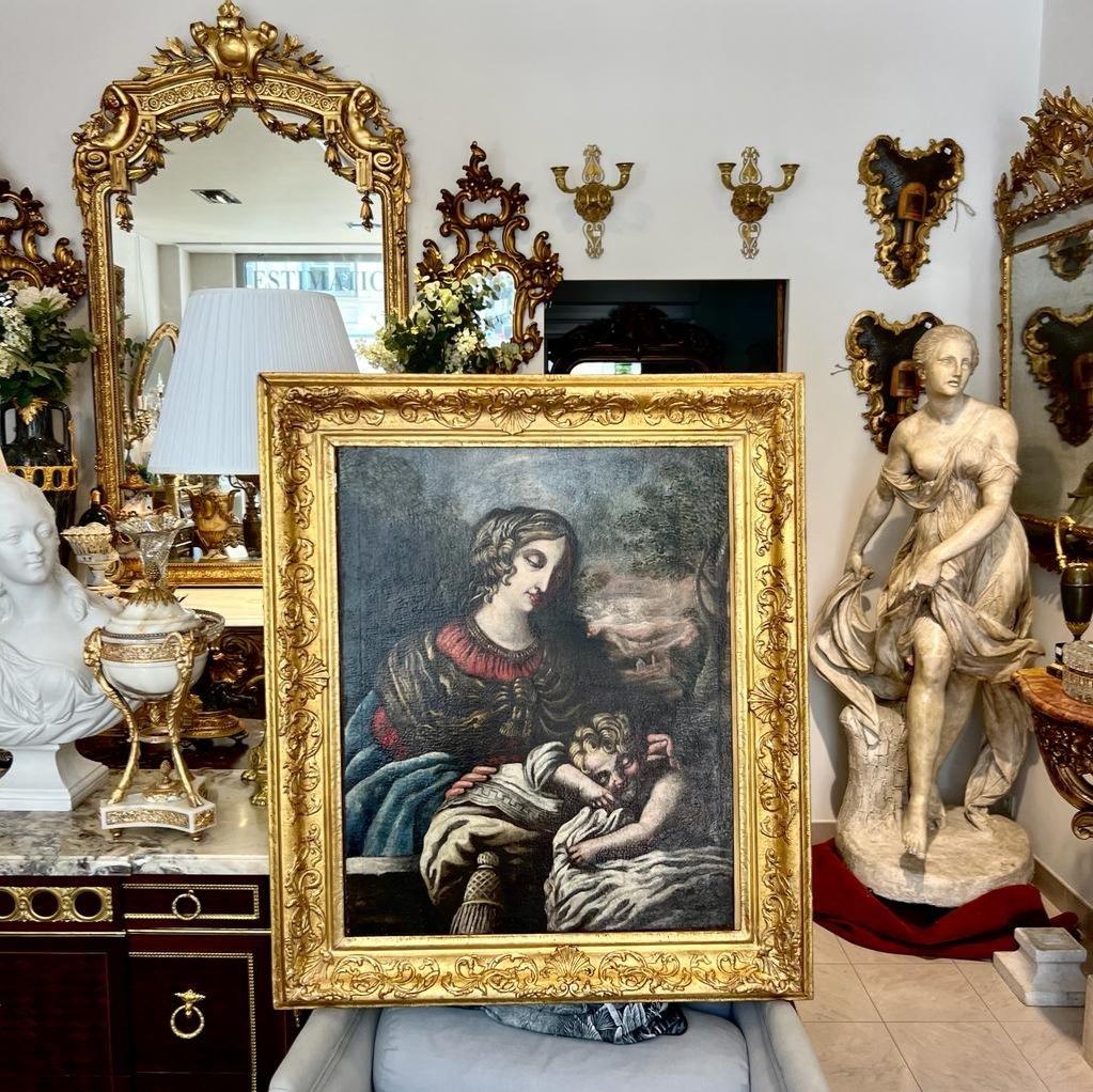 Peinture à l'huile sur toile de l'école toscanne du début du 17e siècle « Virgin and Child » en vente 4