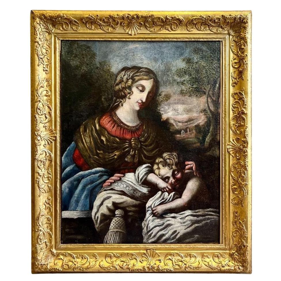 Peinture à l'huile sur toile de l'école toscanne du début du 17e siècle « Virgin and Child »  en vente