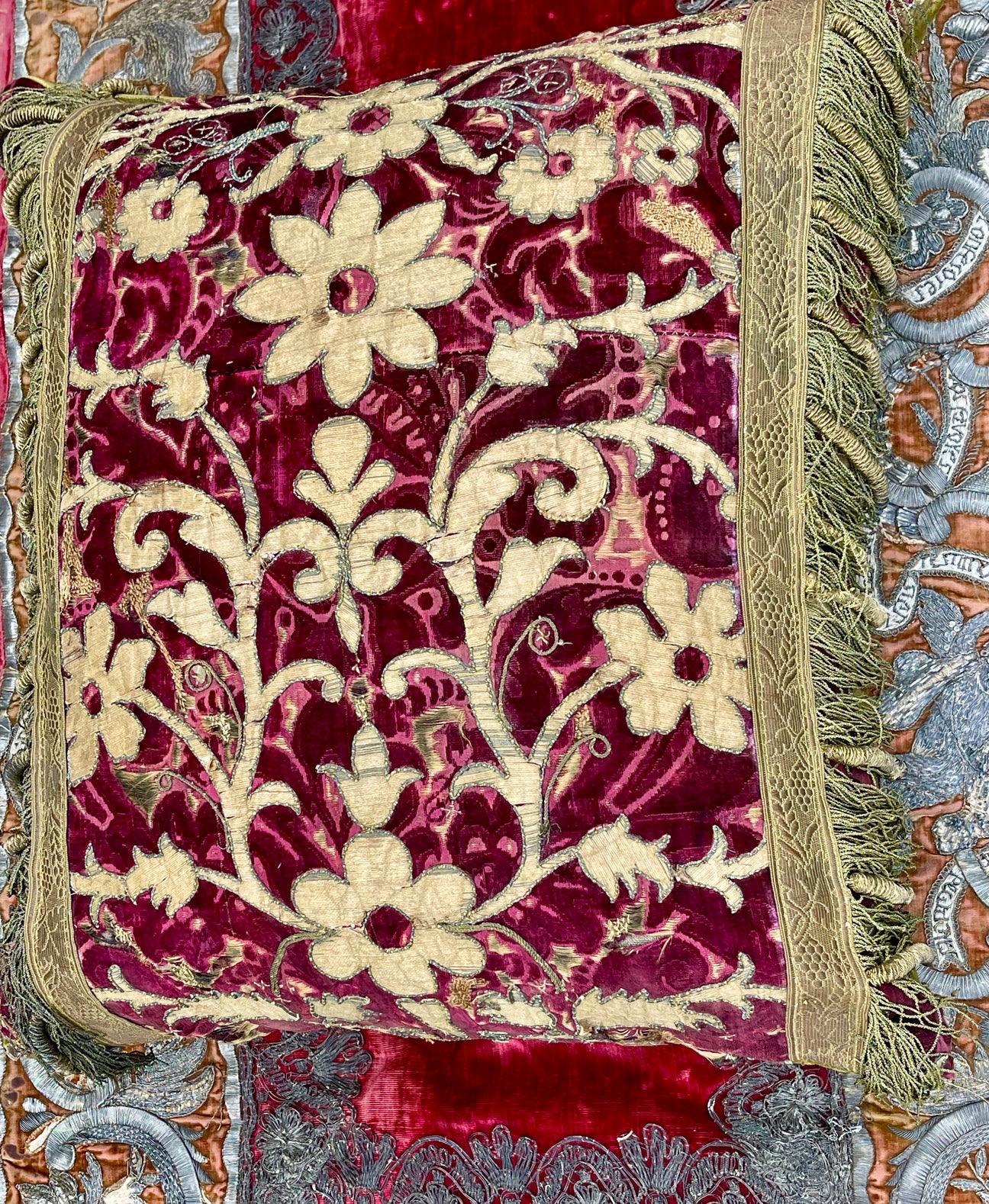 Renaissance Early 17th Century Velvet Applique Panel Bespoke Hand Made Pillow For Sale