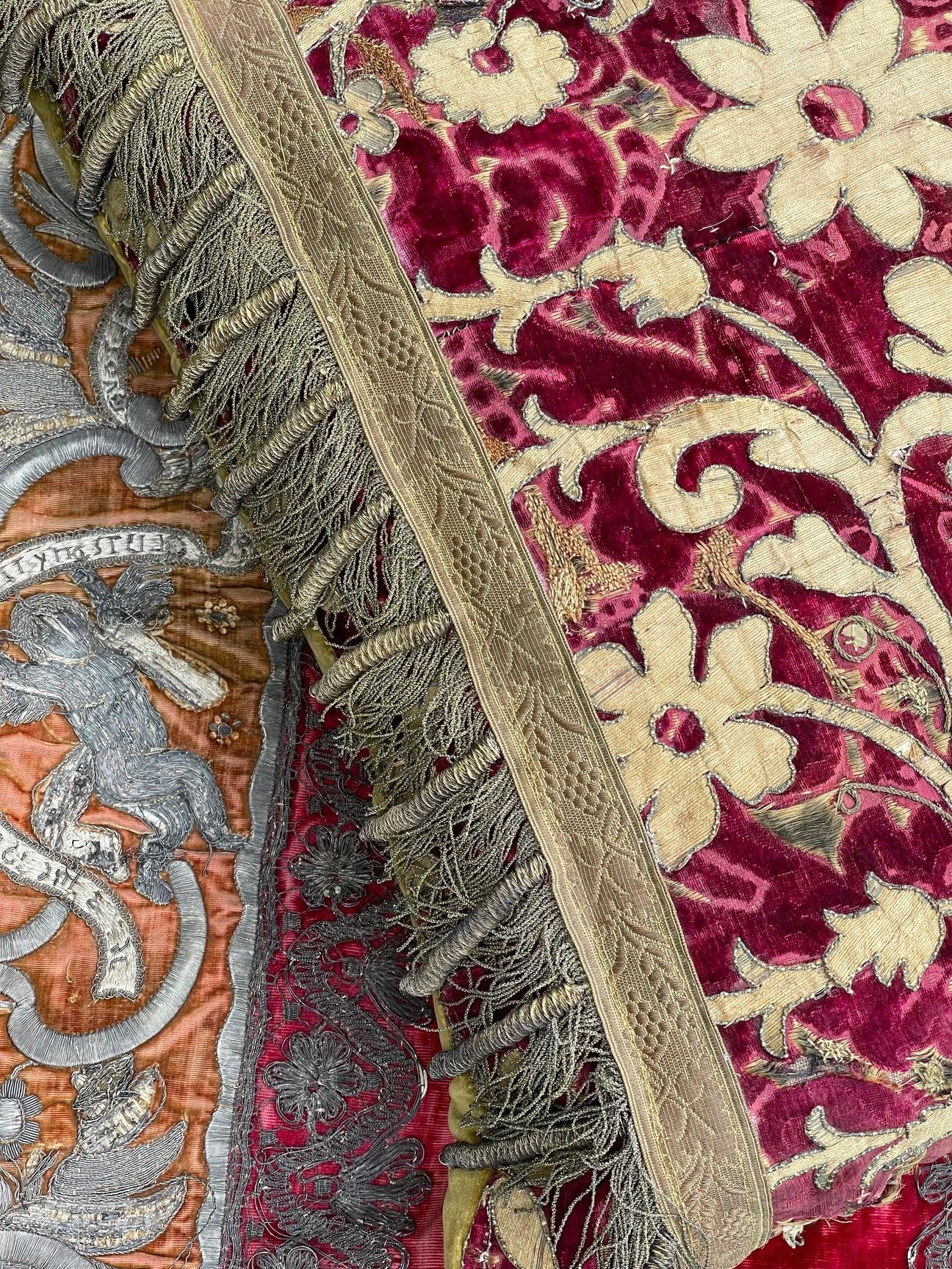 Appliqué Early 17th Century Velvet Applique Panel Bespoke Hand Made Pillow For Sale