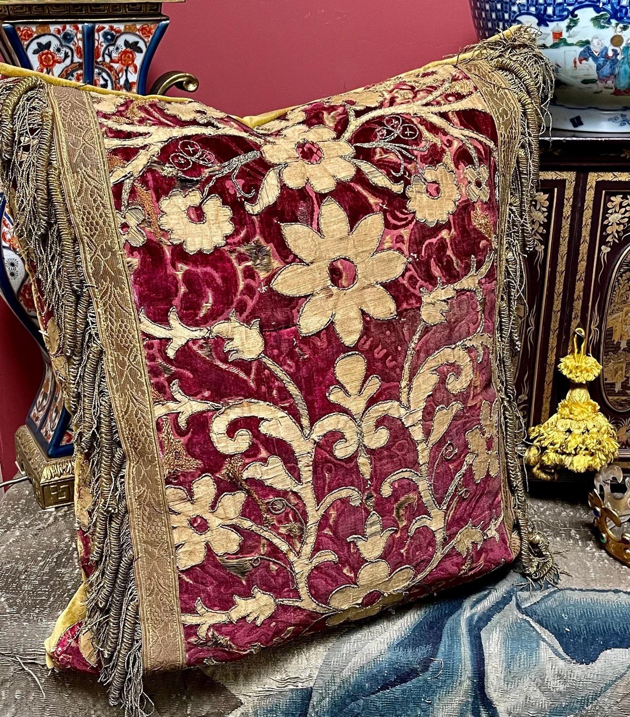 Silk Early 17th Century Velvet Applique Panel Bespoke Hand Made Pillow For Sale
