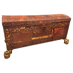 Early 17th Century Venetian Red Velvet and Nail Head Chest with Hidden Drawers