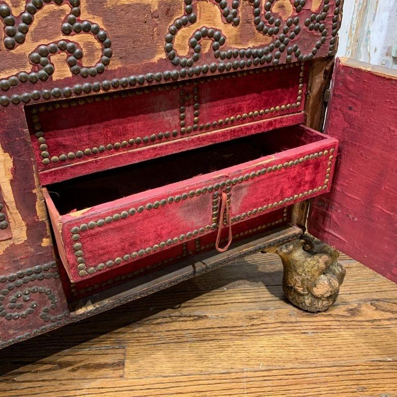 Renaissance Early 17th Century Venetian Red Velvet and Nail Head Chest with Hidden Drawers