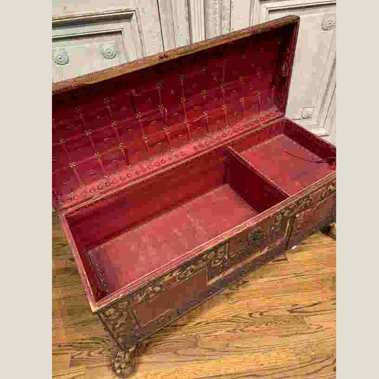 Italian Early 17th Century Venetian Red Velvet and Nail Head Chest with Hidden Drawers