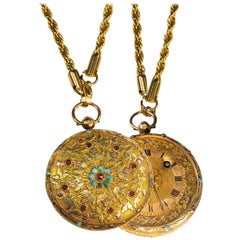 Early 18 Karat Multi-Color Yellow Gold Turquoise Amethyst Pocket Watch