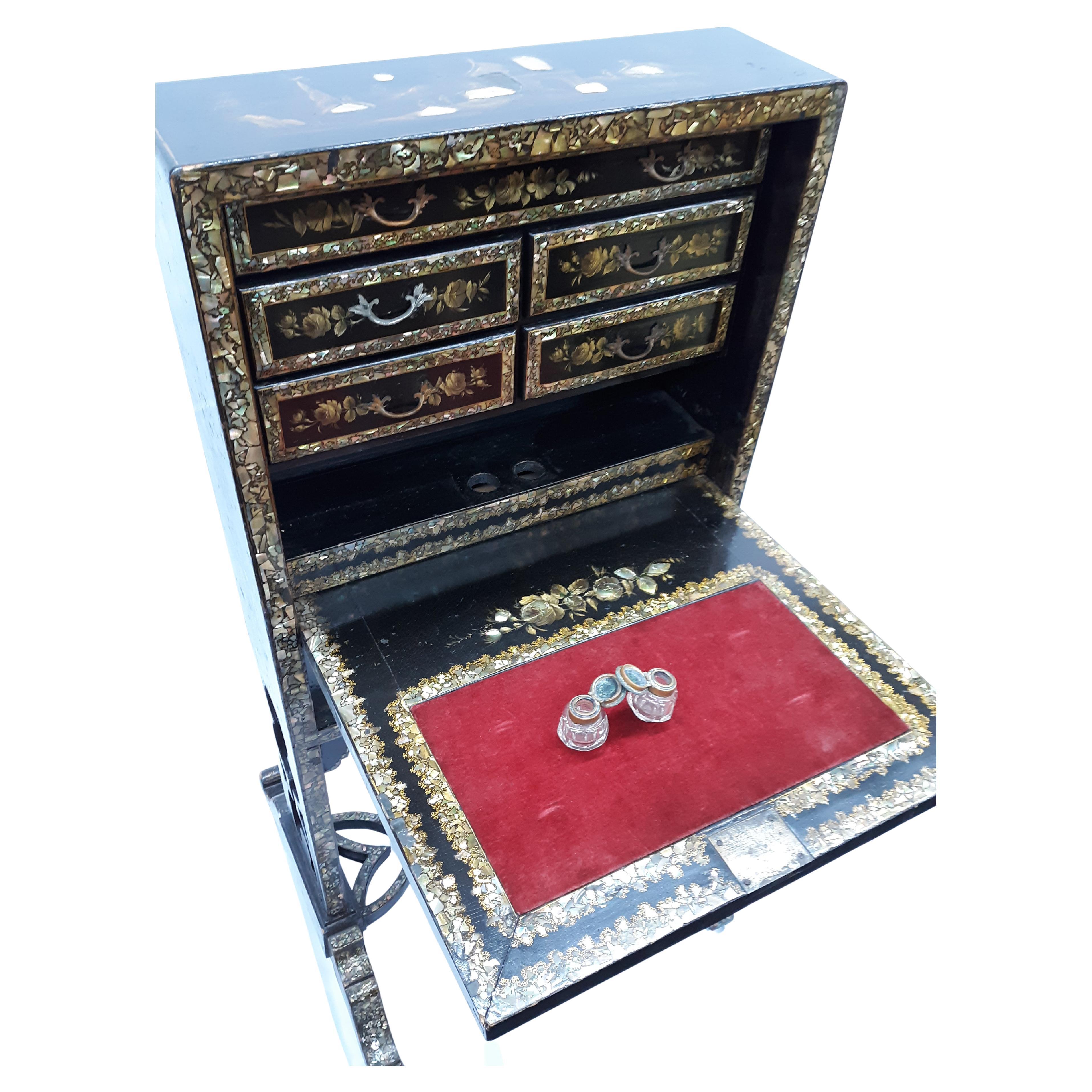 This Incredibly Rare 1800 Ladies Perfume and Makeup Table with Inlaid Amber Stone Design is breathtaking in its quality and rarity. The craftsmanship is obvious from every angle. Individual drawers, and ink/perfume wells. All preserved in original