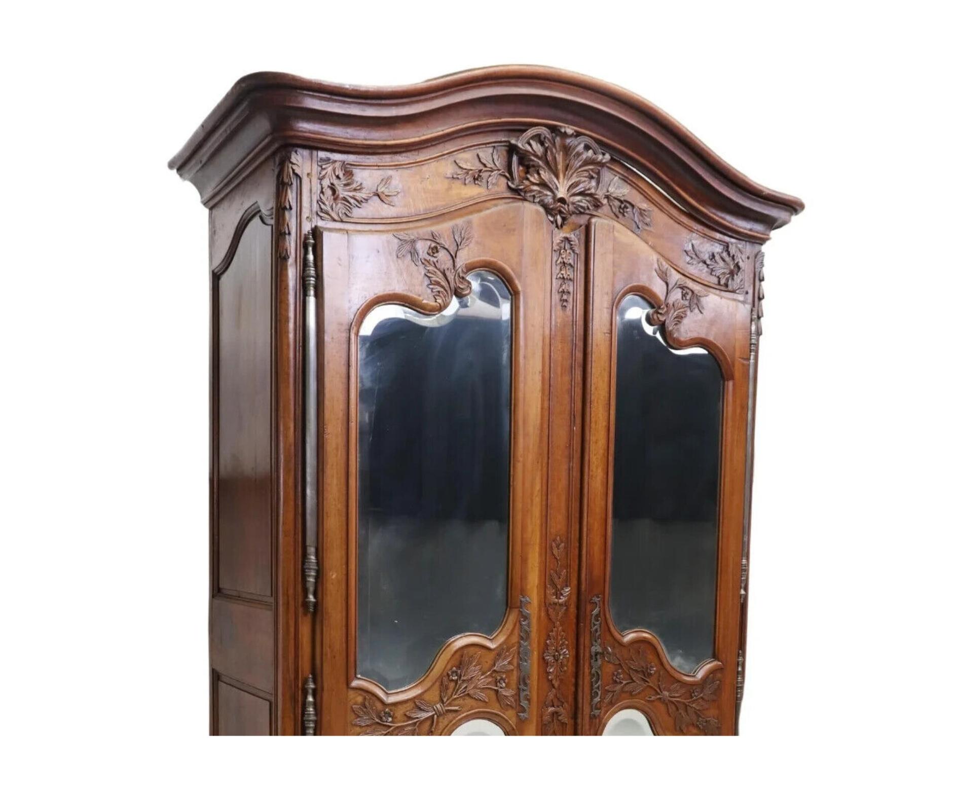 Early 1800's Antique Large French Provincial, Walnut, Mirrored, Shelves Armoire In Good Condition For Sale In Austin, TX