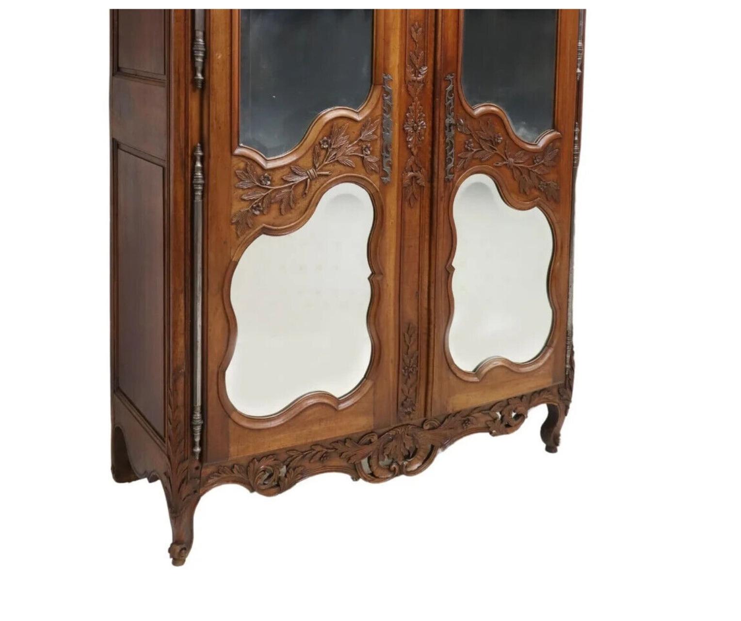 Wood Early 1800's Antique Large French Provincial, Walnut, Mirrored, Shelves Armoire For Sale