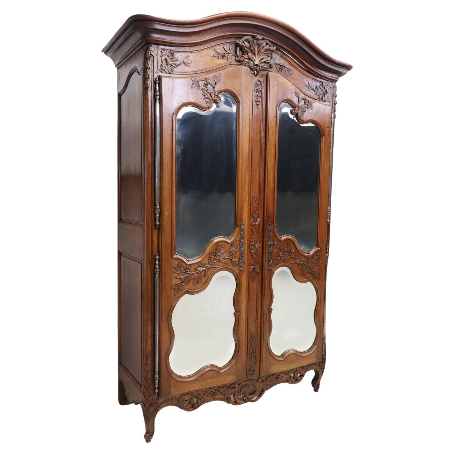 Early 1800's Antique Large French Provincial, Walnut, Mirrored, Shelves Armoire For Sale