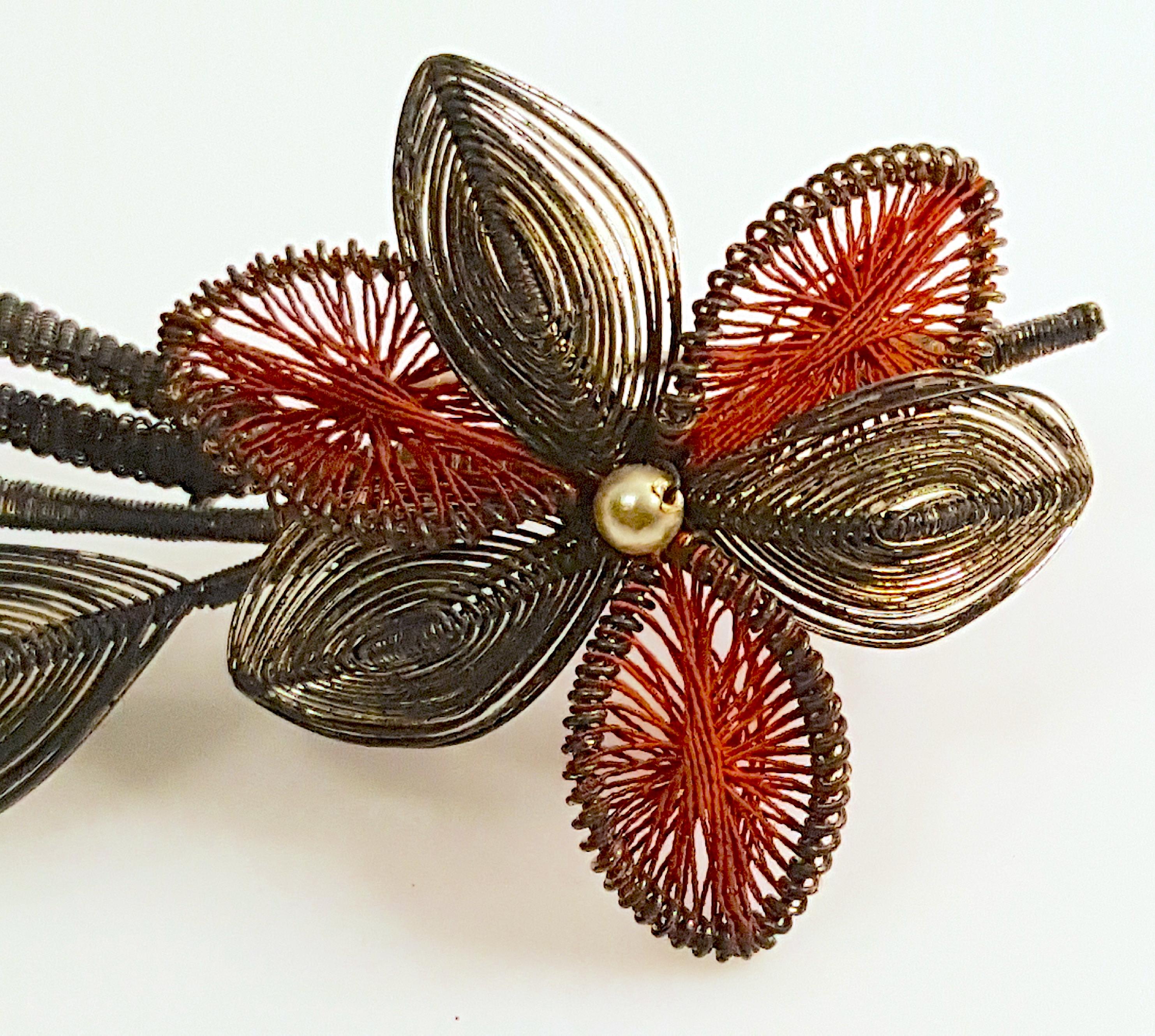 Georgian Early1800s Cannetille Filigree WiredPearl FloralSpray RedSilk PinBrooch In Good Condition For Sale In Chicago, IL