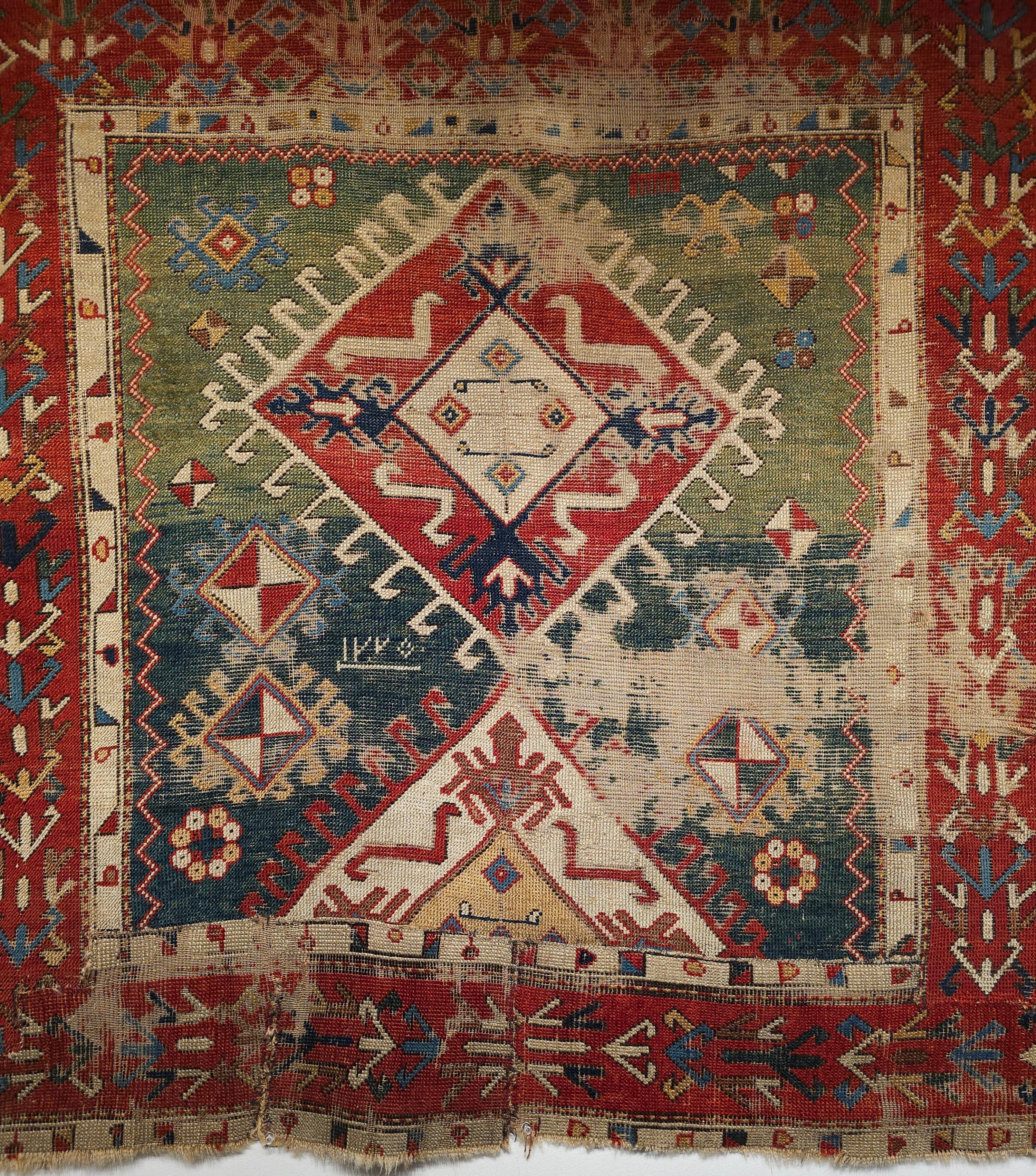 Azerbaijani Early 1800s Square Size Caucasian Shirvan Rug in Green, Yellow, Blue, Red, Ivory For Sale