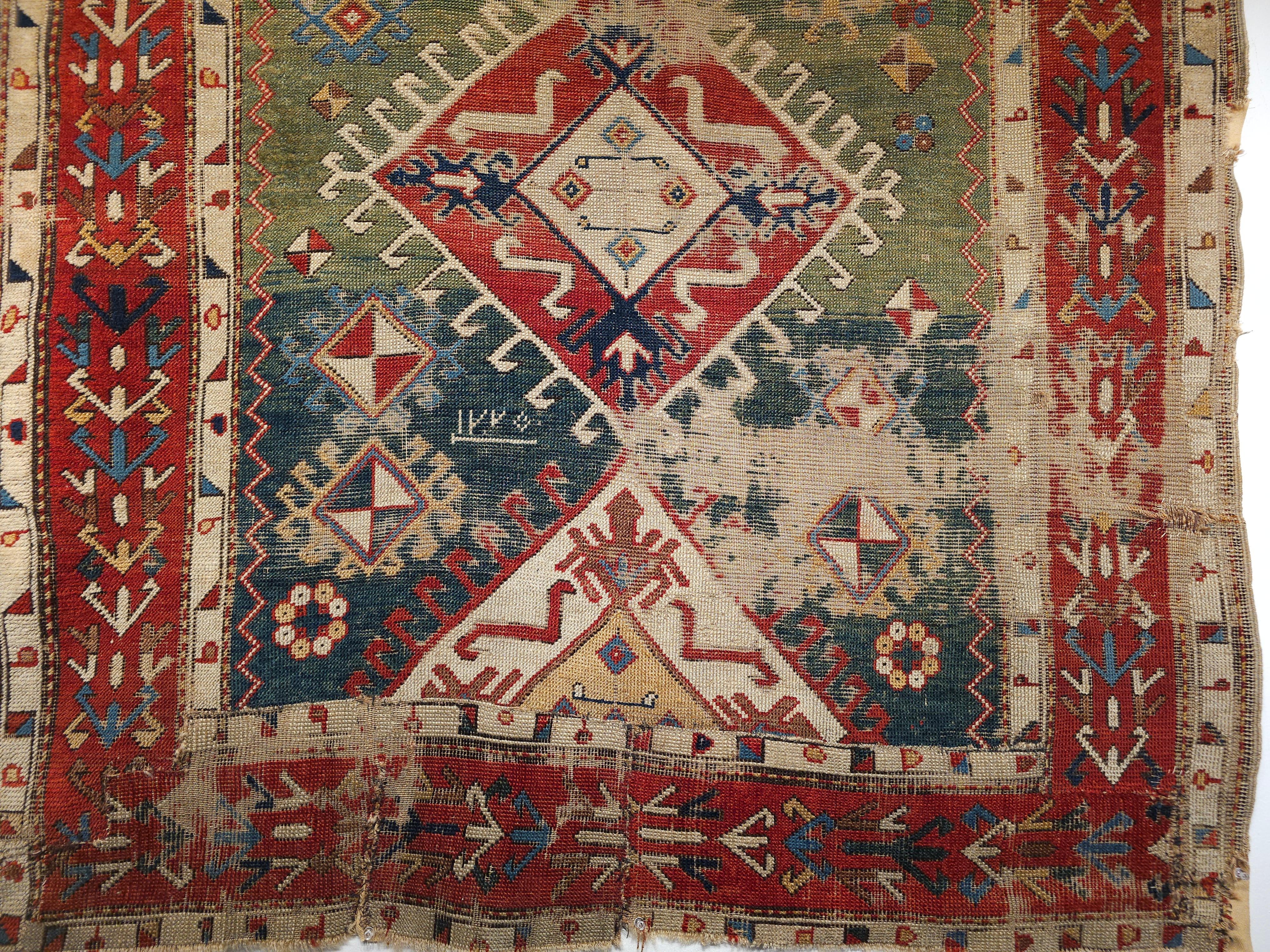 Vegetable Dyed Early 1800s Square Size Caucasian Shirvan Rug in Green, Yellow, Blue, Red, Ivory For Sale