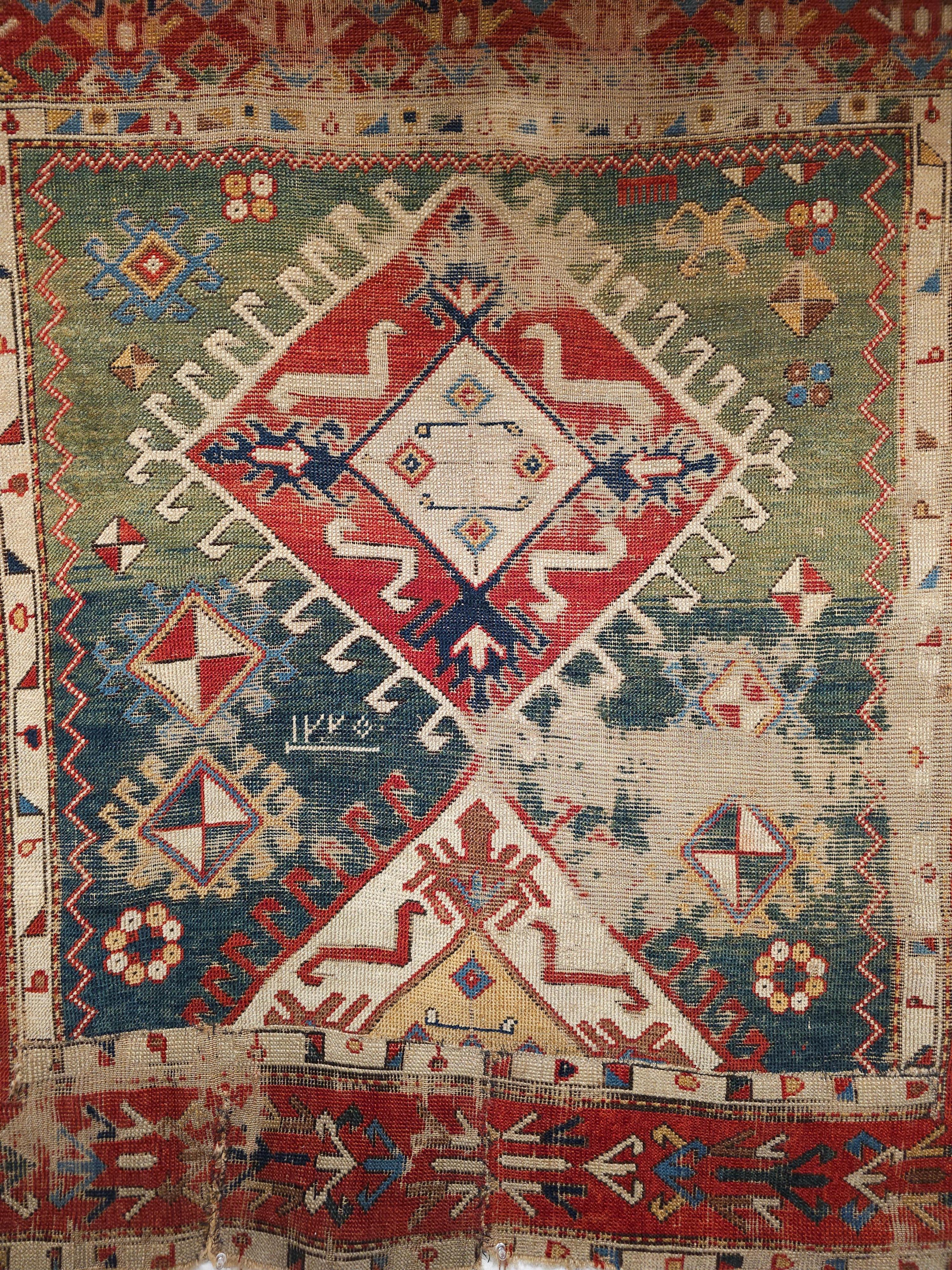 Early 1800s Square Size Caucasian Shirvan Rug in Green, Yellow, Blue, Red, Ivory In Fair Condition For Sale In Barrington, IL