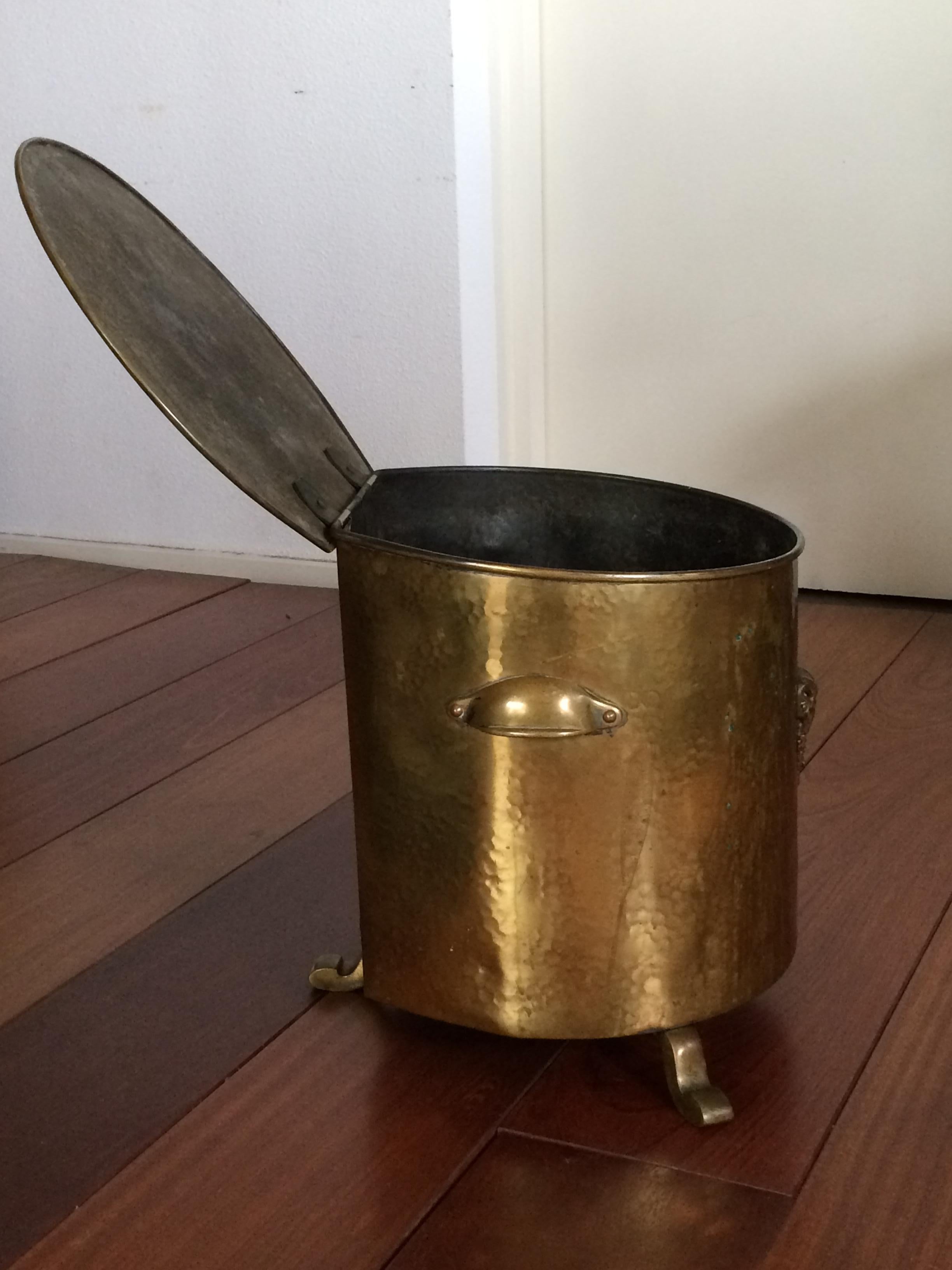 Brass Early 1800s Empire/ Napoleon Coal Kettle/ Bucket with Bronze Rams Head Sculpture