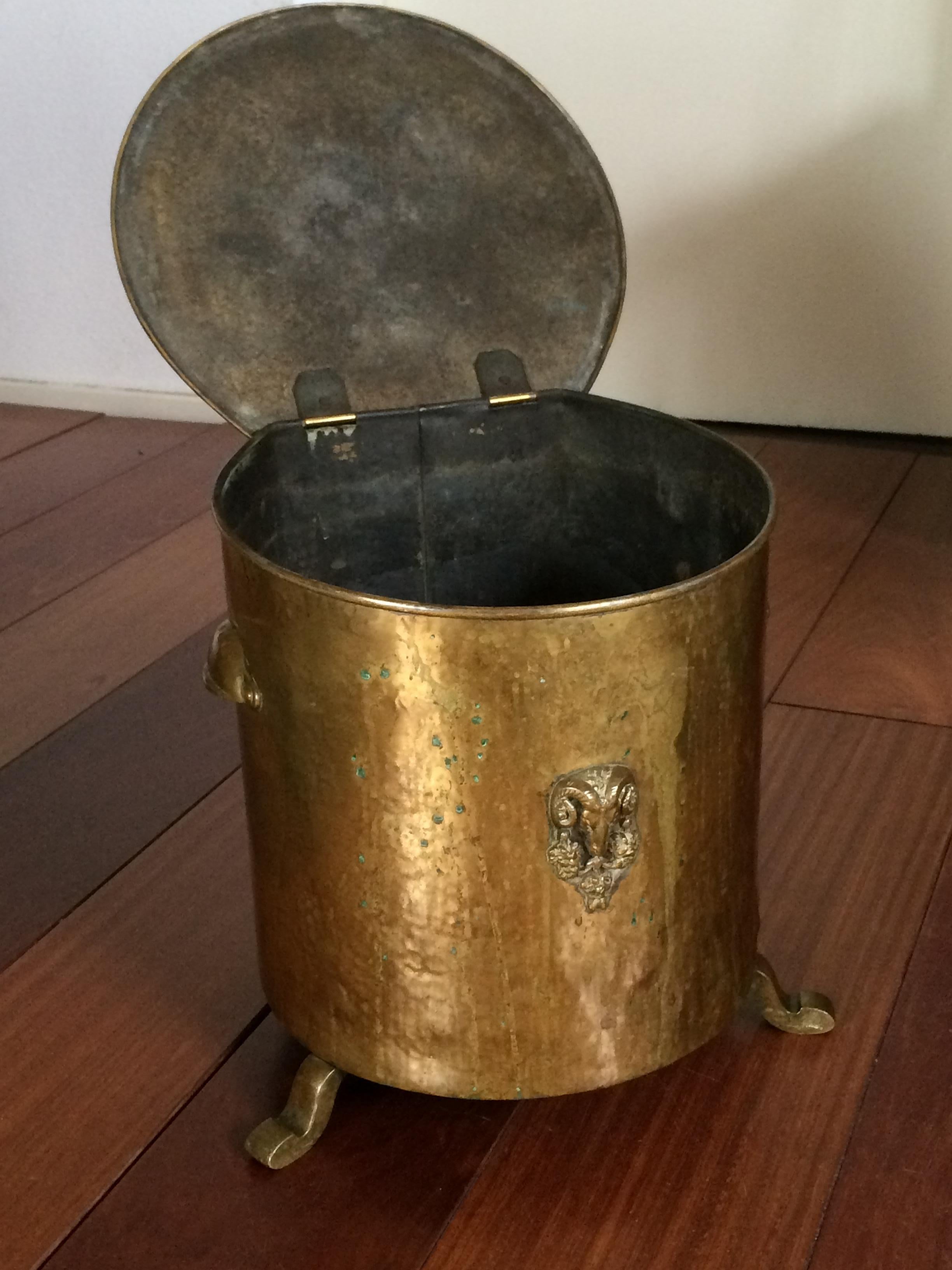 Early 1800s Empire/ Napoleon Coal Kettle/ Bucket with Bronze Rams Head Sculpture 2