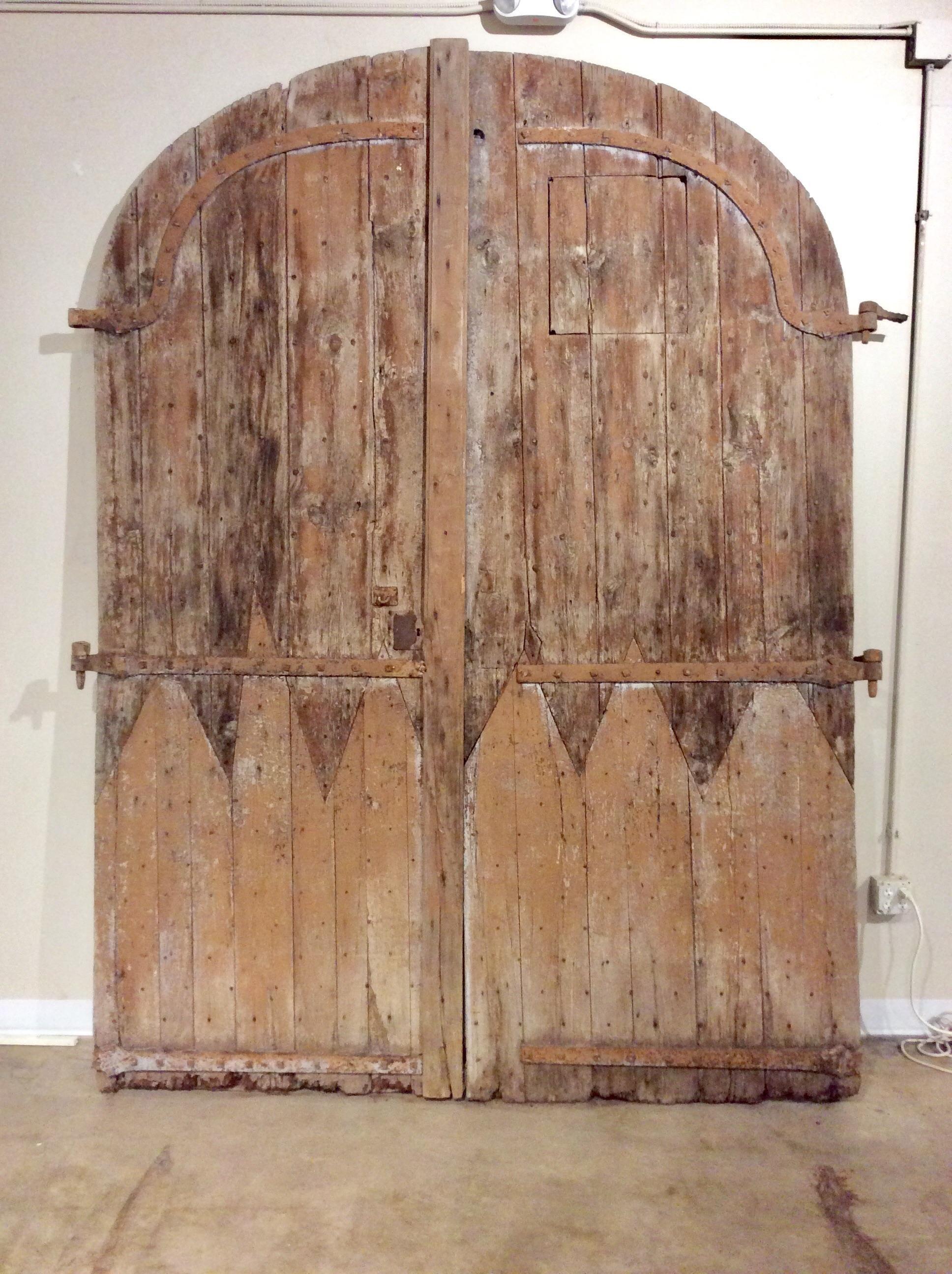 Early 1800s French Architectural Arched Wood Doors With Original Iron Hardware 6