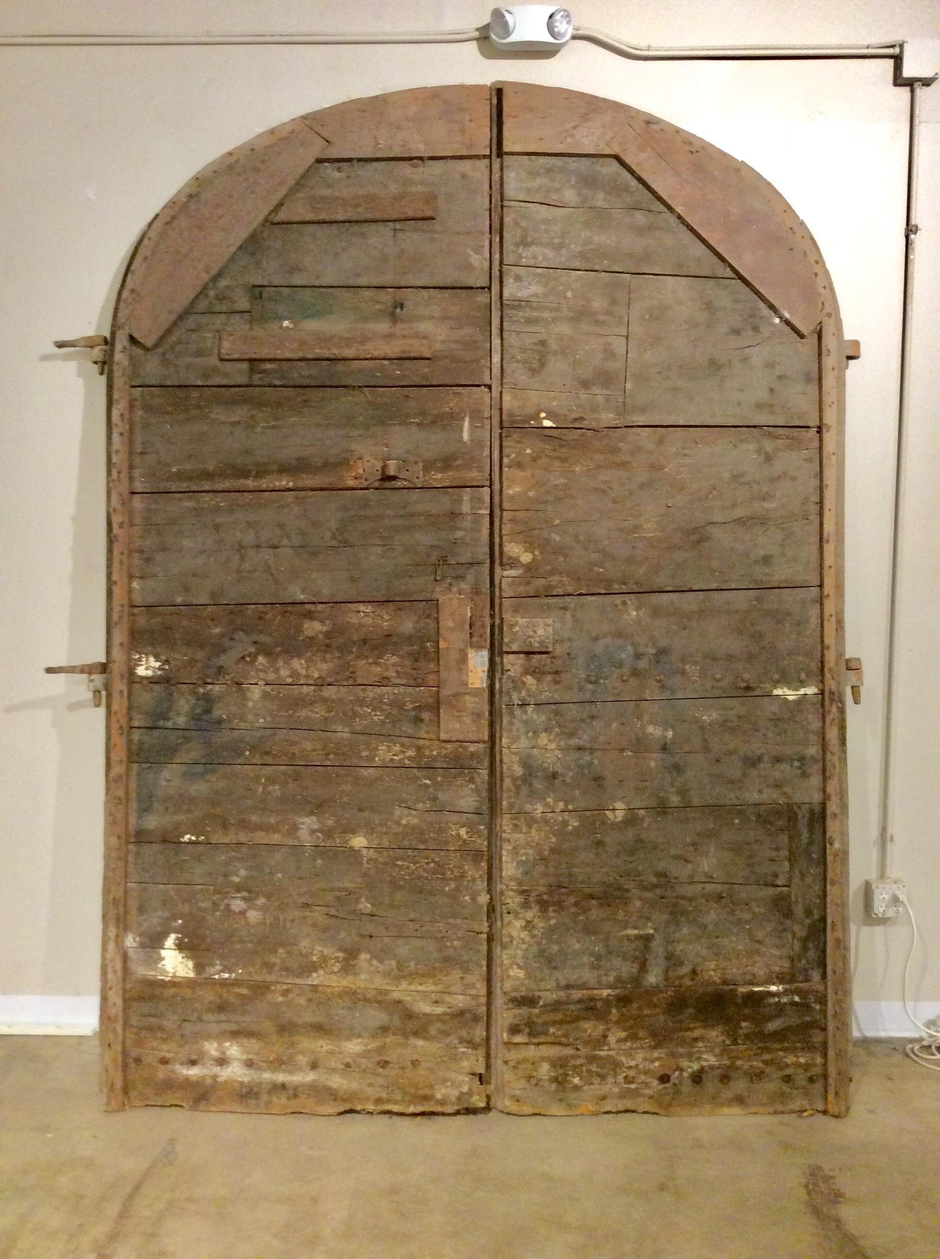 Early 1800s French Architectural Arched Wood Doors With Original Iron Hardware 2