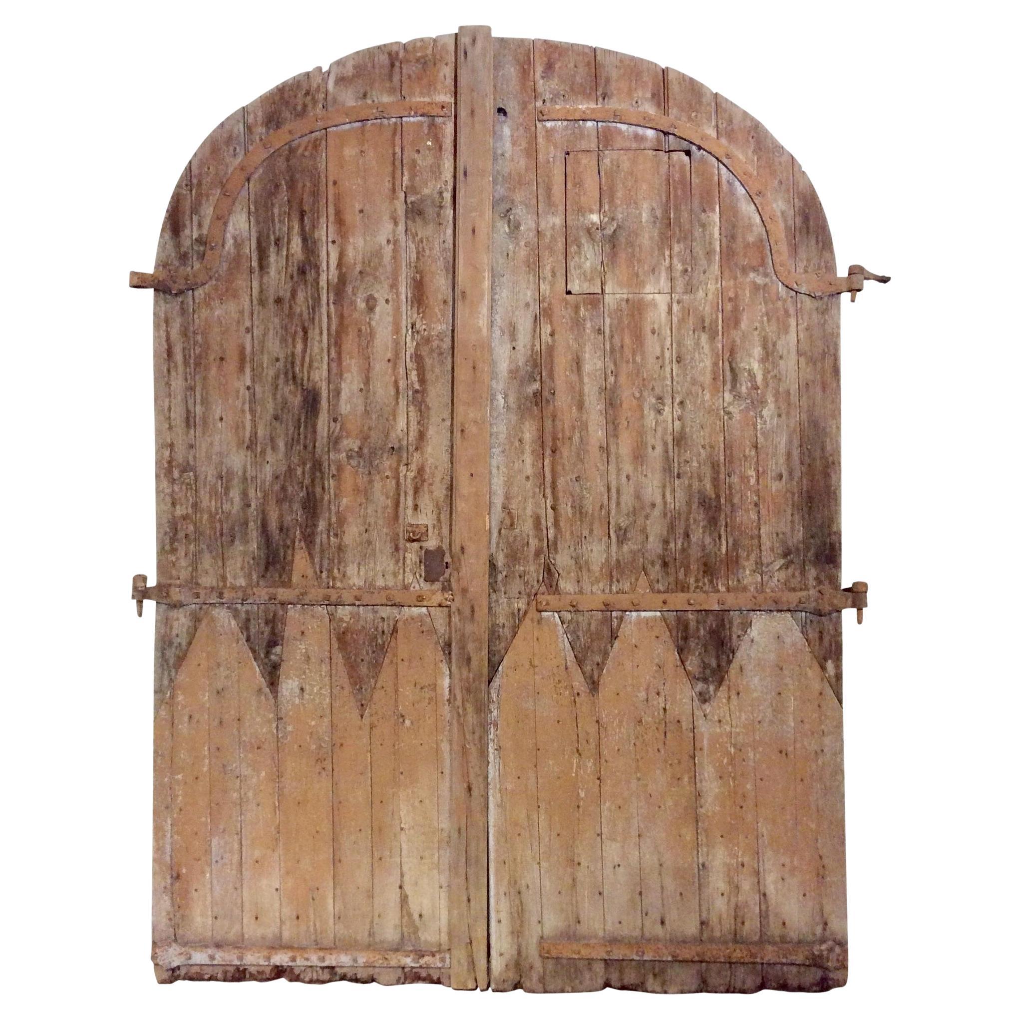Early 1800s French Architectural Arched Wood Doors With Original Iron Hardware