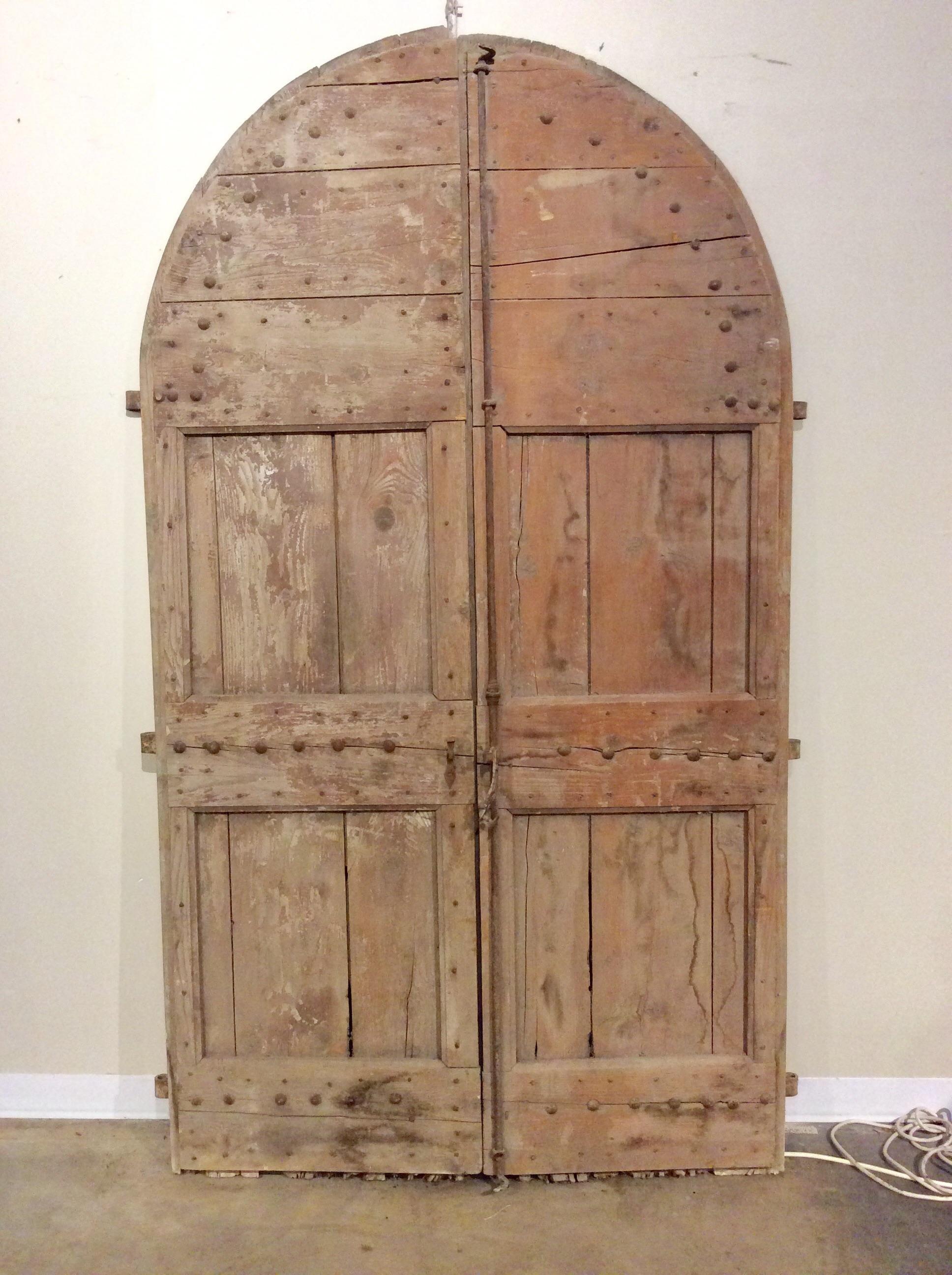 Early 1800s French Architectural Pine Arched Doors with Original Iron Hardware 5