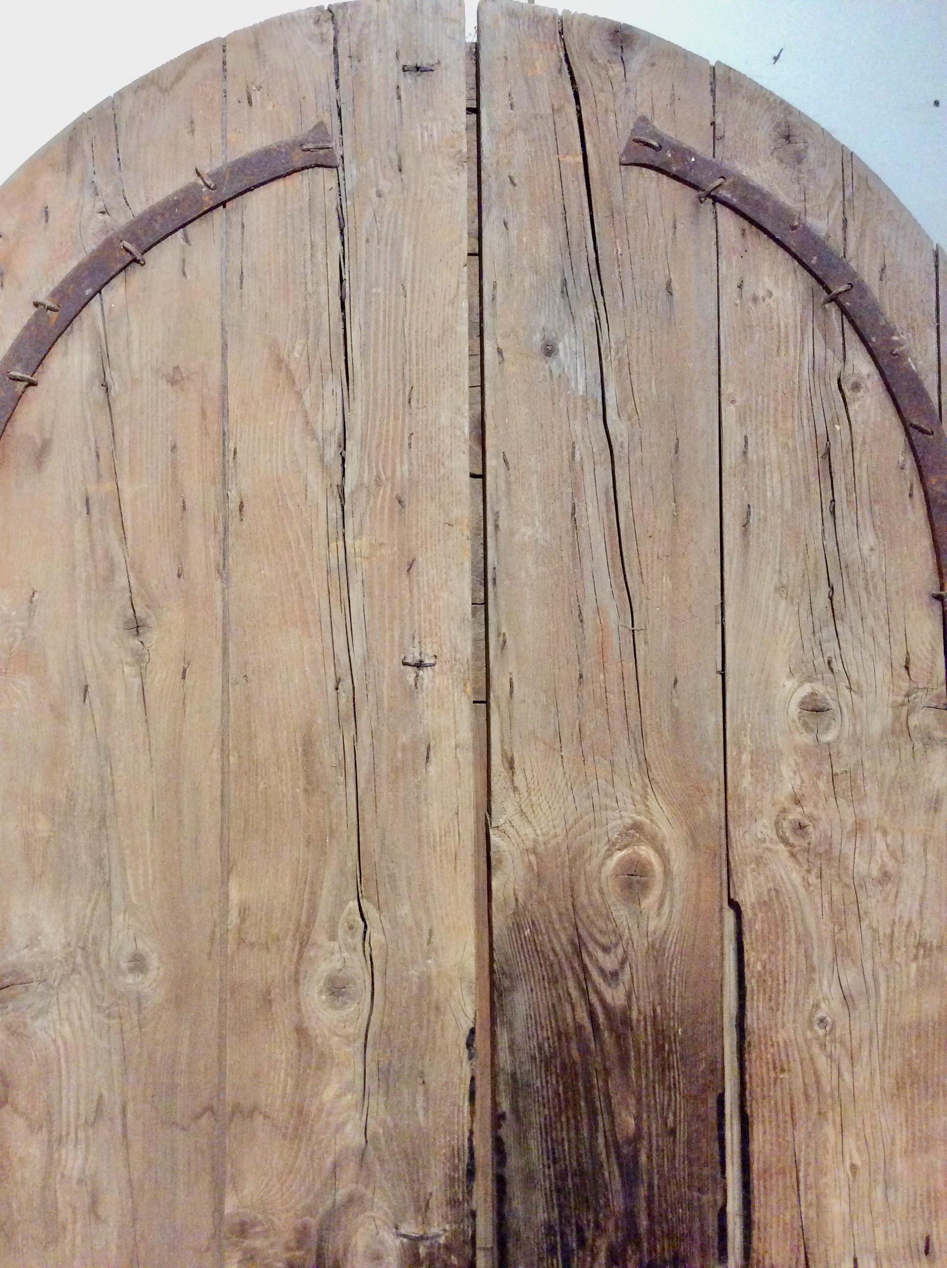 Early 1800s French Architectural Pine Arched Doors with Original Iron Hardware 1
