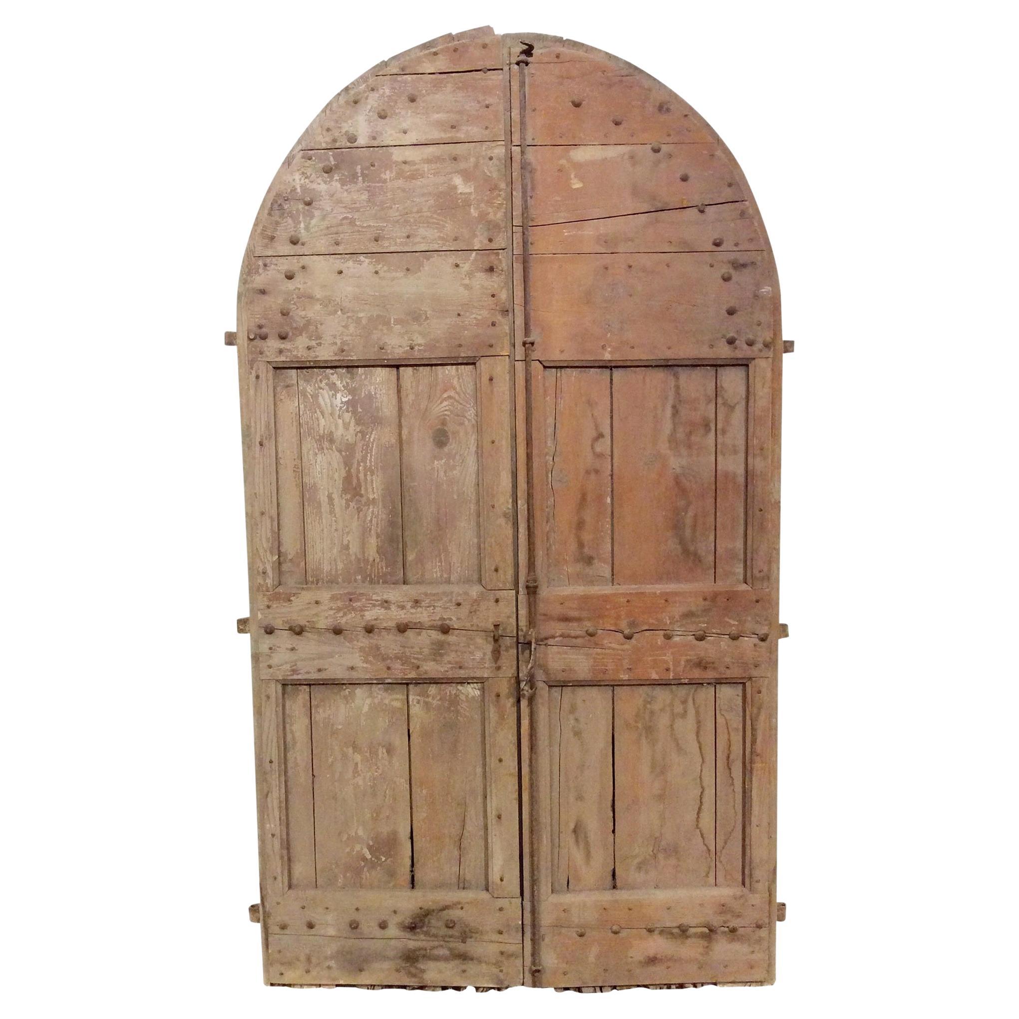 Early 1800s French Architectural Pine Arched Doors with Original Iron Hardware