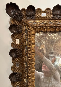 Early 1800's Italian Gilded and Painted Shell Motif Mirror Frame-New Mirror