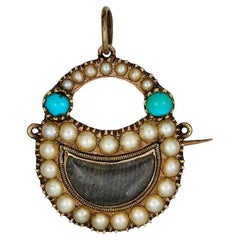 Broche pendentif Padlock du début des années 1800, cheveux sous verre, perles naturelles, turquoise