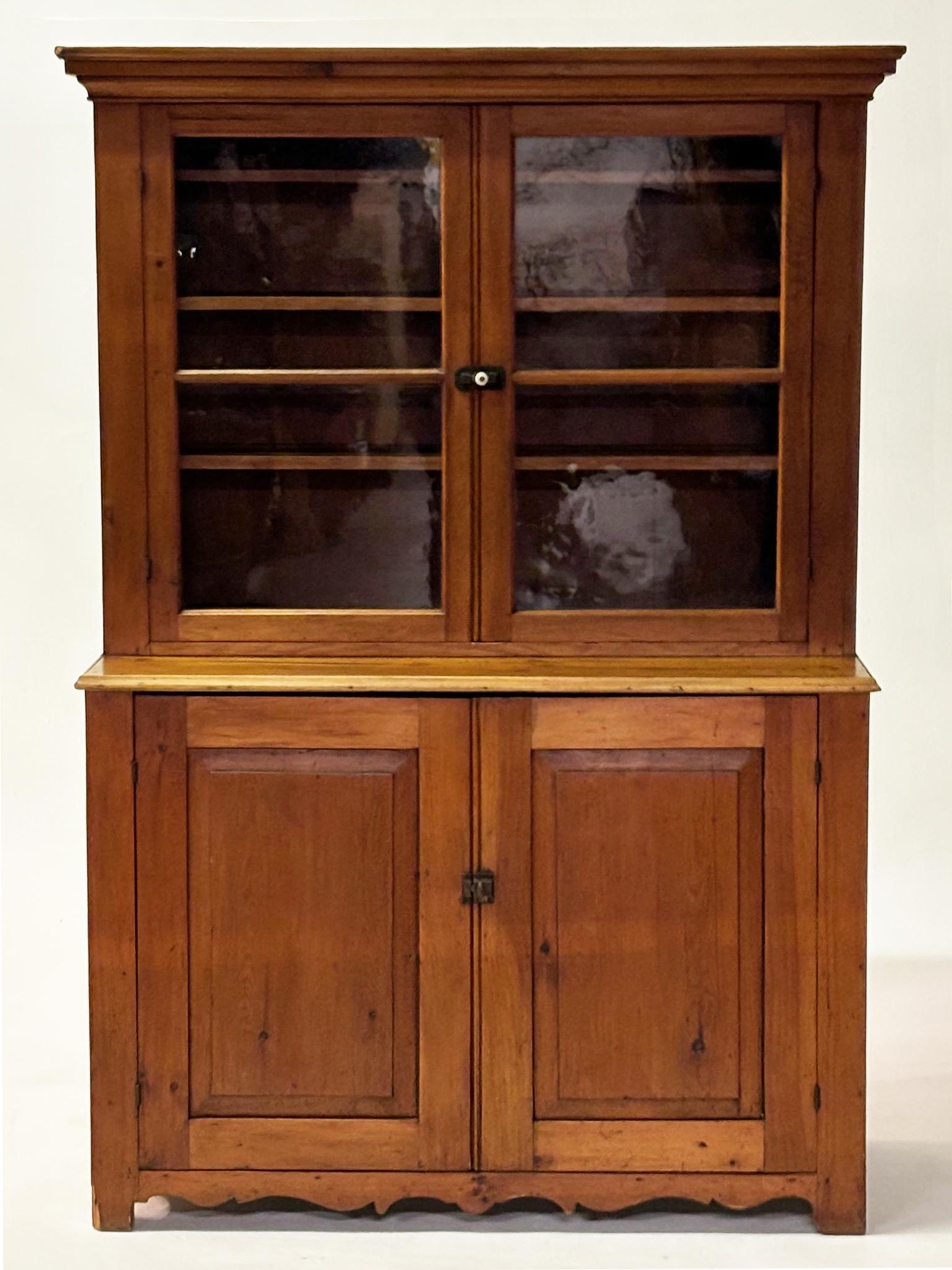 American Early 1800’s Pennsylvania Dutch Pine Country Cupboard with Wavy Glass Doors For Sale