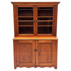 Vintage Early 1800’s Pennsylvania Dutch Pine Country Cupboard with Wavy Glass Doors