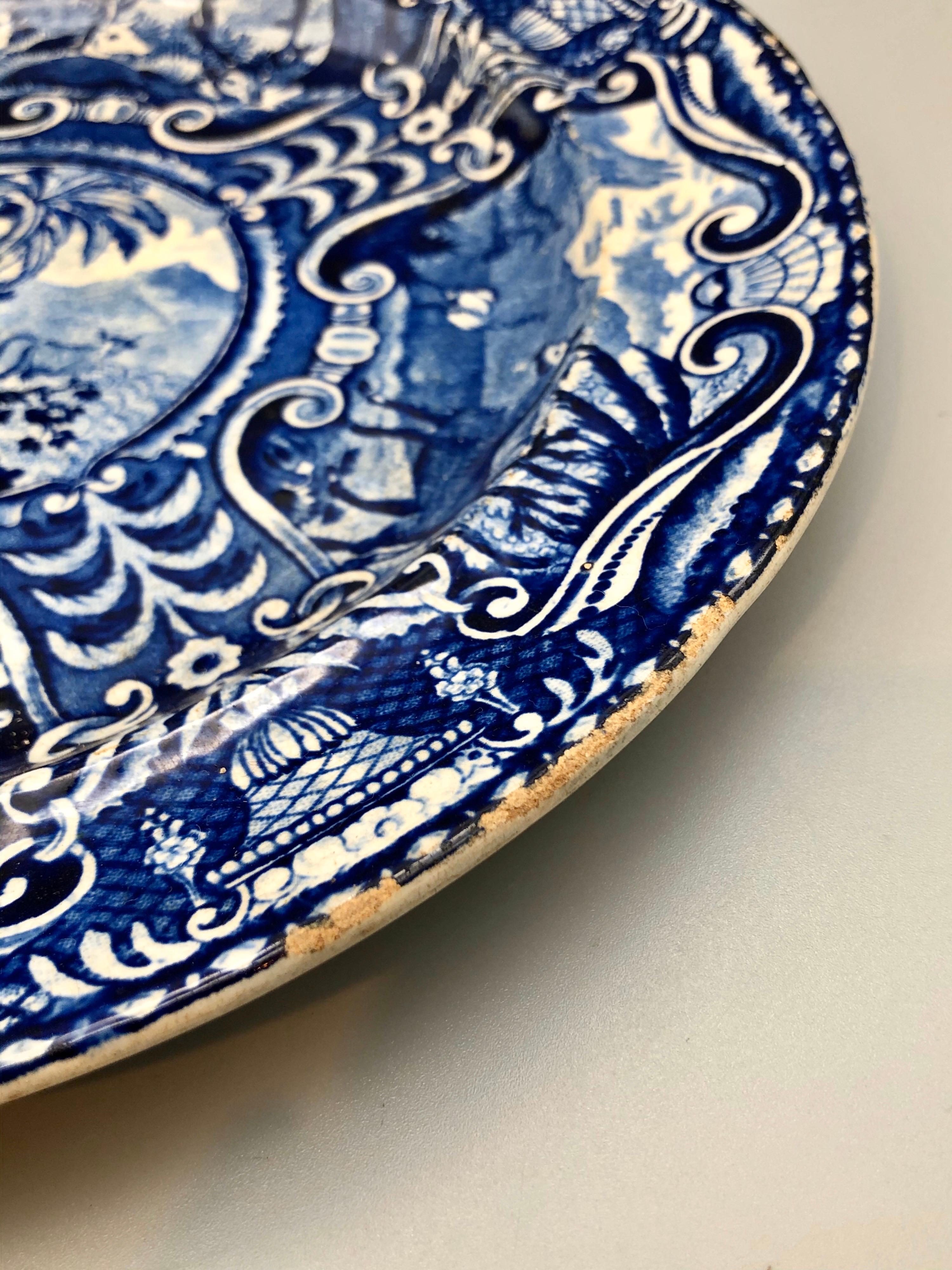 Romantic Early 1800s Quadruped Plate Lion Pattern Cobalt Blue and White For Sale