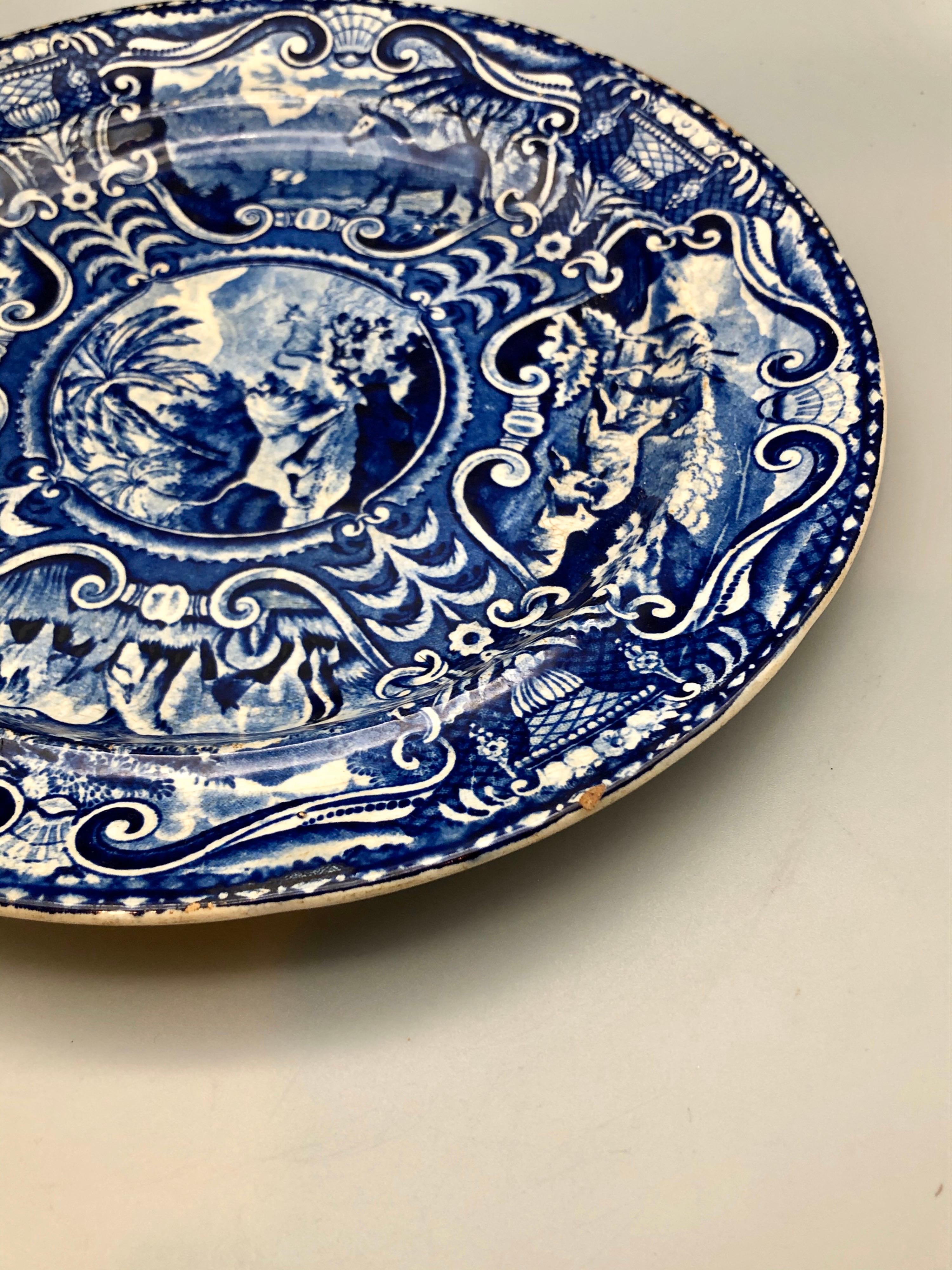 Early 1800s Quadruped Plate Lion Pattern Cobalt Blue and White In Good Condition For Sale In Vineyard Haven, MA