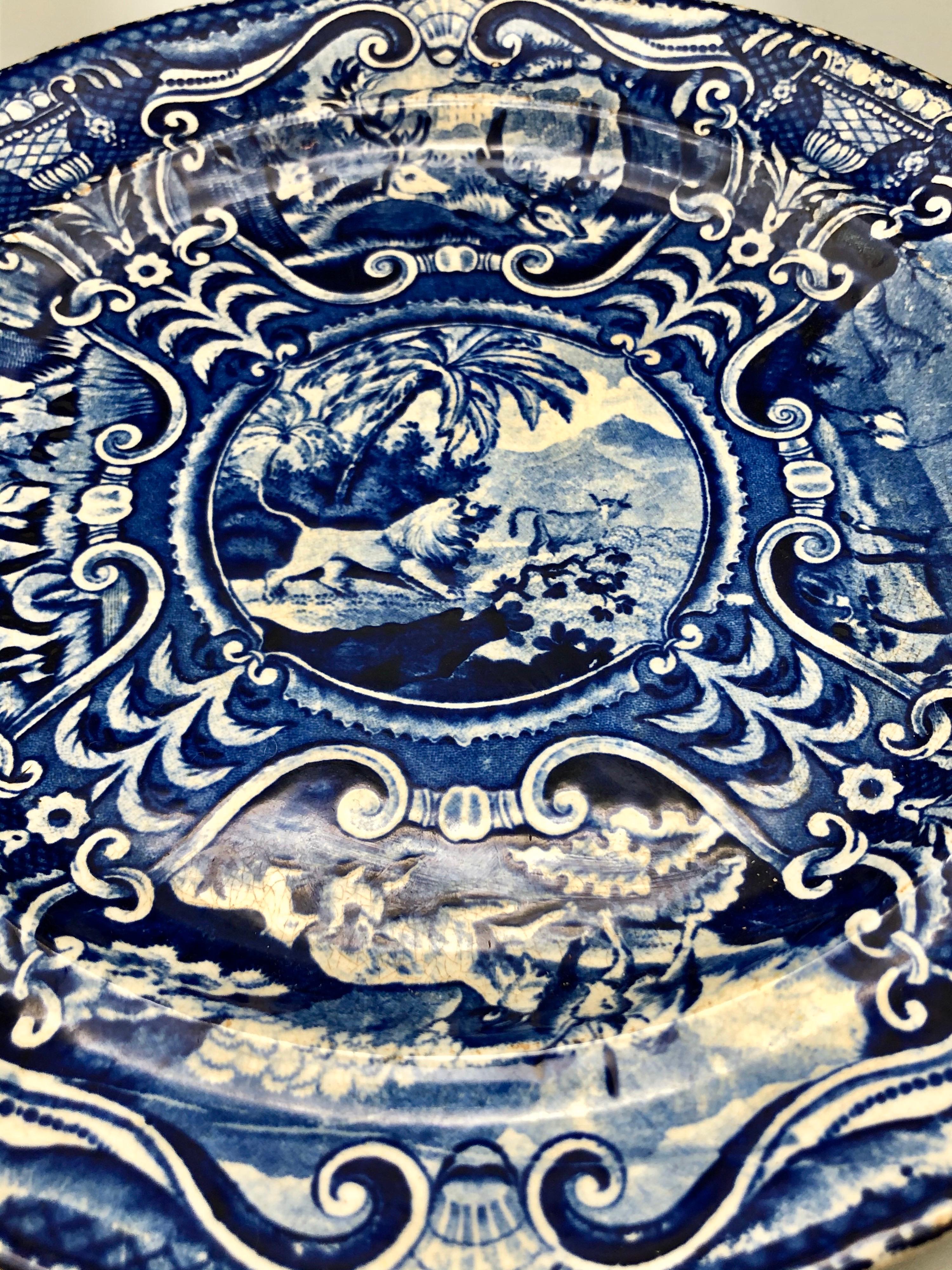 19th Century Early 1800s Quadruped Plate Lion Pattern Cobalt Blue and White For Sale
