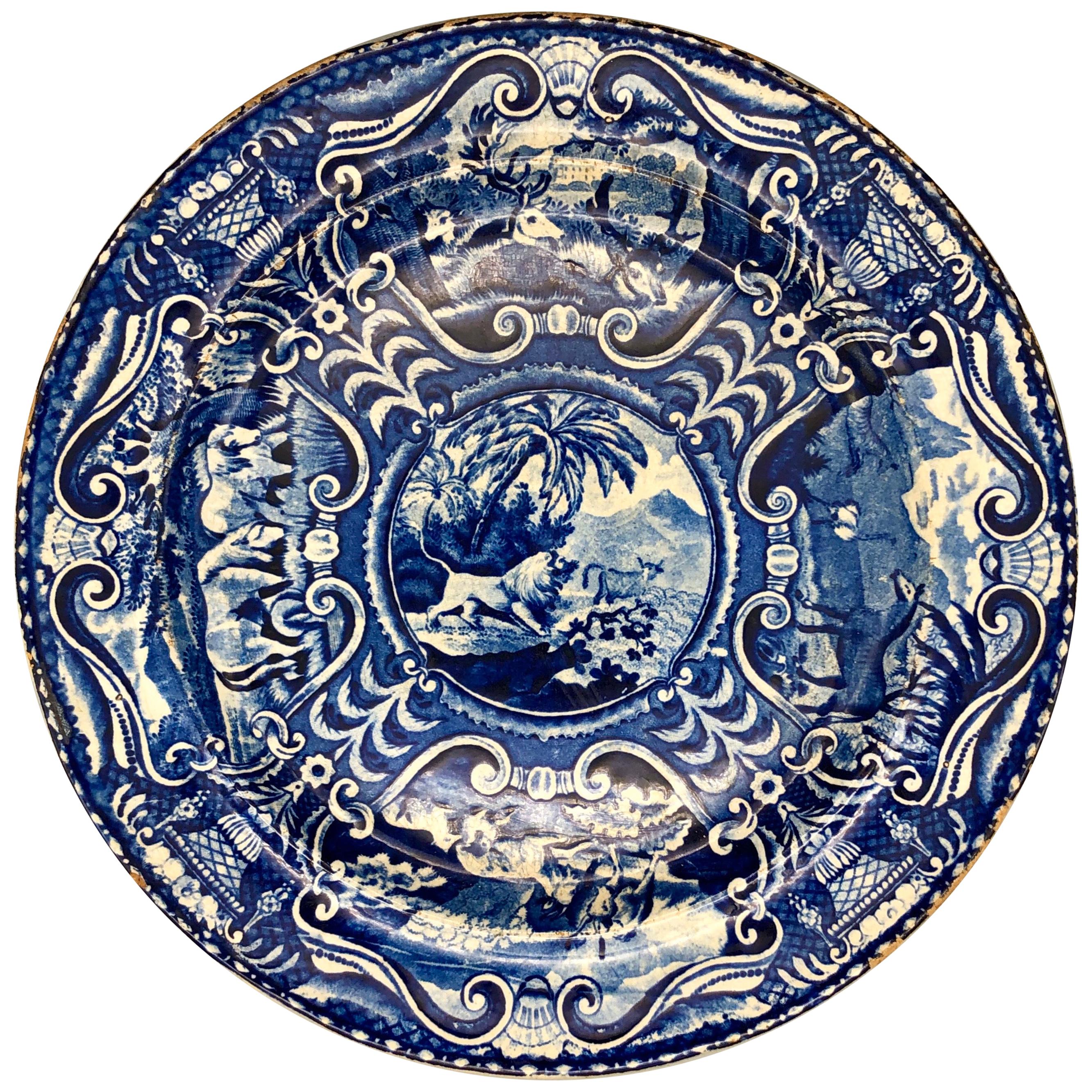 Early 1800s Quadruped Plate Lion Pattern Cobalt Blue and White For Sale