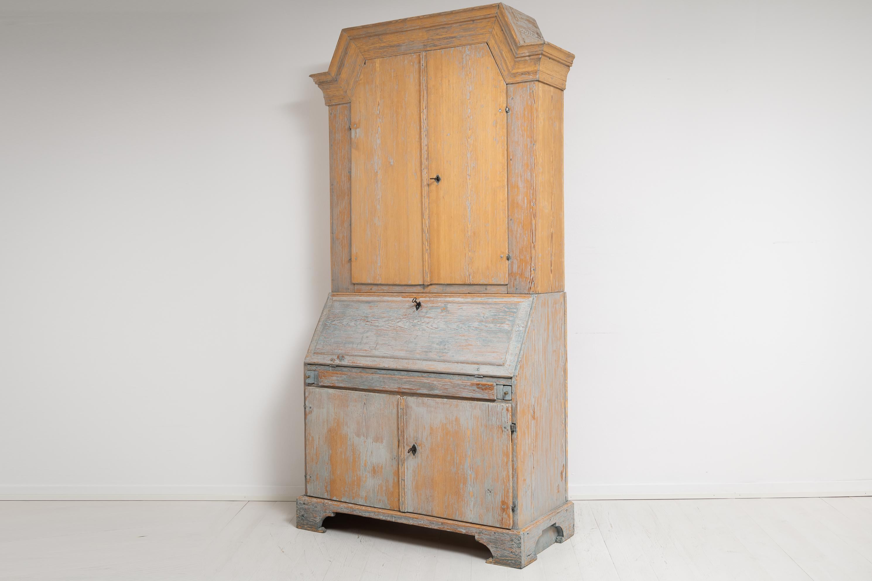 Pine Early 1800s Swedish Country Baroque Style Secretary Cabinet